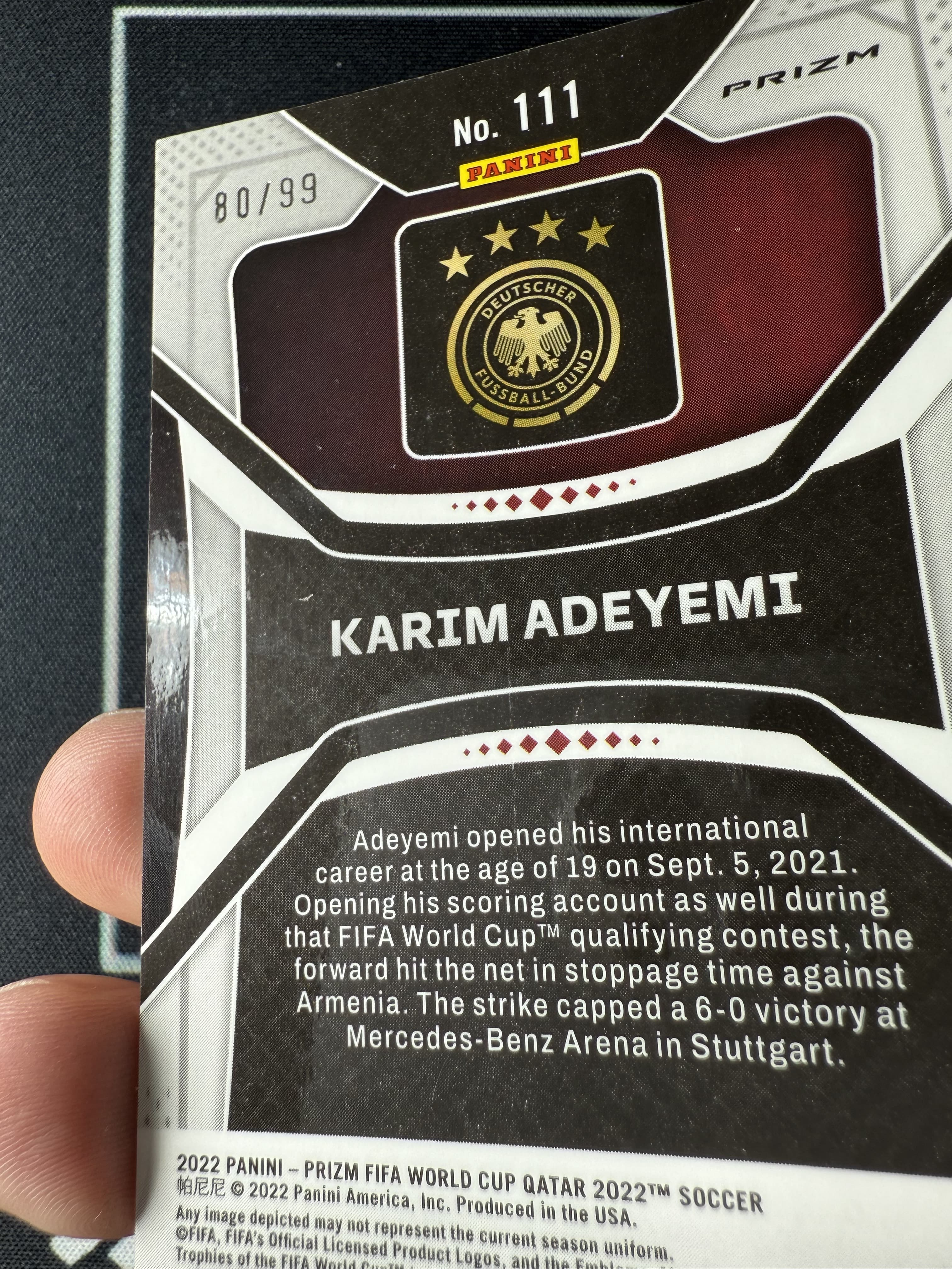 【易文拍卖 超级回款】2022 Panini Prizm Pz 世界杯 KARIM ADEYEMI 阿德耶米 多特蒙德 莱比锡红牛 德国 RC新秀 80/99编 红折 #天生爱你