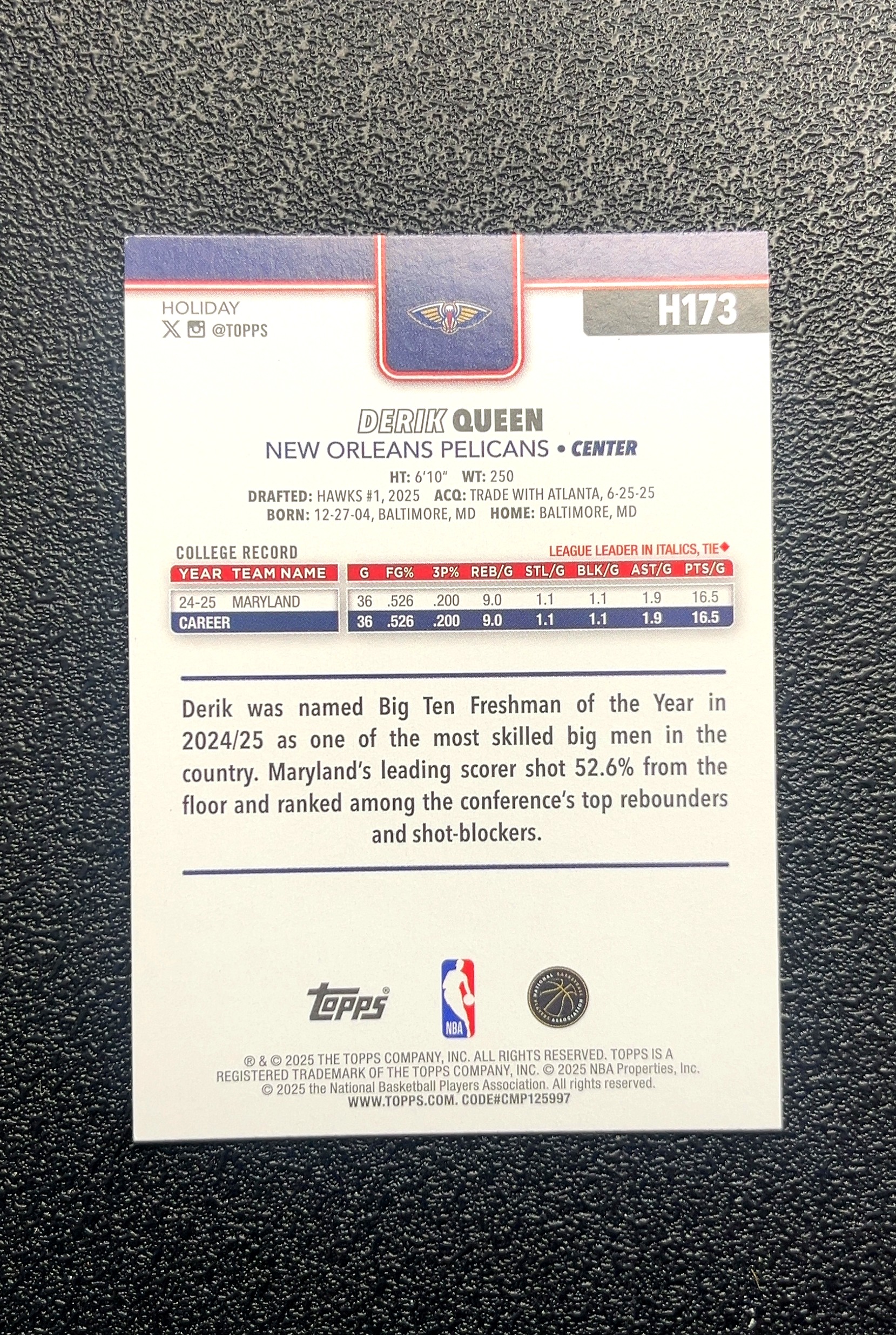【小白1%代卖】2025 Topps Holiday 藤曼装饰卡 Derik Queen 德里克·奎恩 新秀 RC 卡品如图 高价值 #H173 New Orleans 0018#35