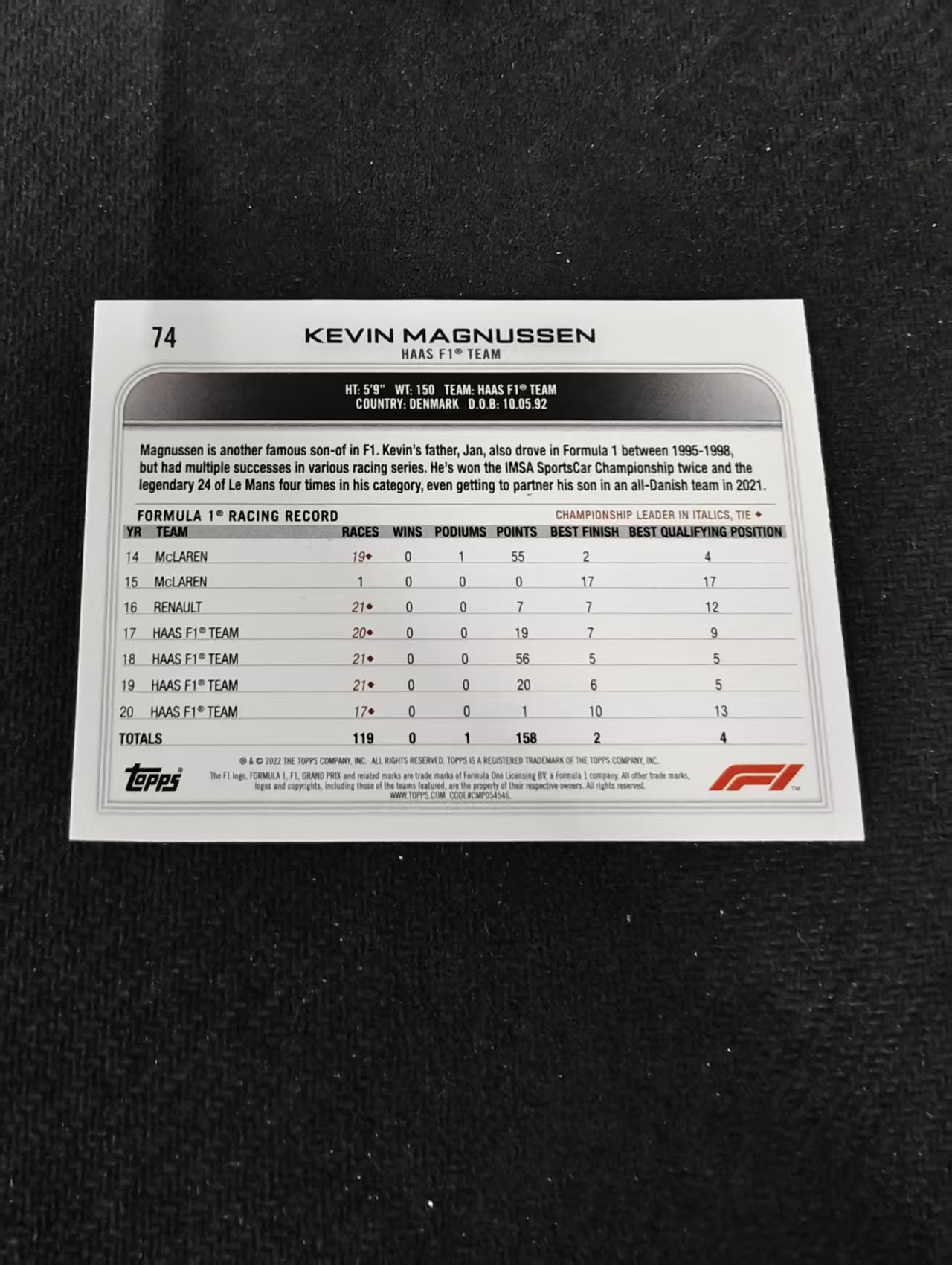 2022 Topps Chrome F1 Kevin Magnussen 凯文 马格努森 哈斯 黑白棋盘 划痕 边角瑕疵@74