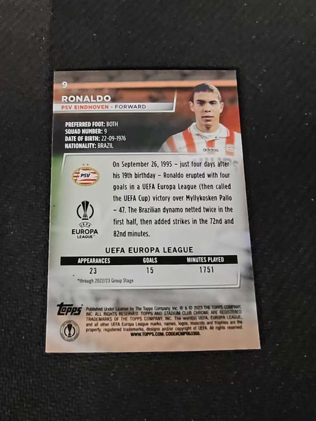【可合并,不累计】2023 Topps Stadium Club Chrome ronaldo 埃因霍温 罗纳尔多 大罗 欧冠 竞技场 不保卡品 介意勿拍 #9