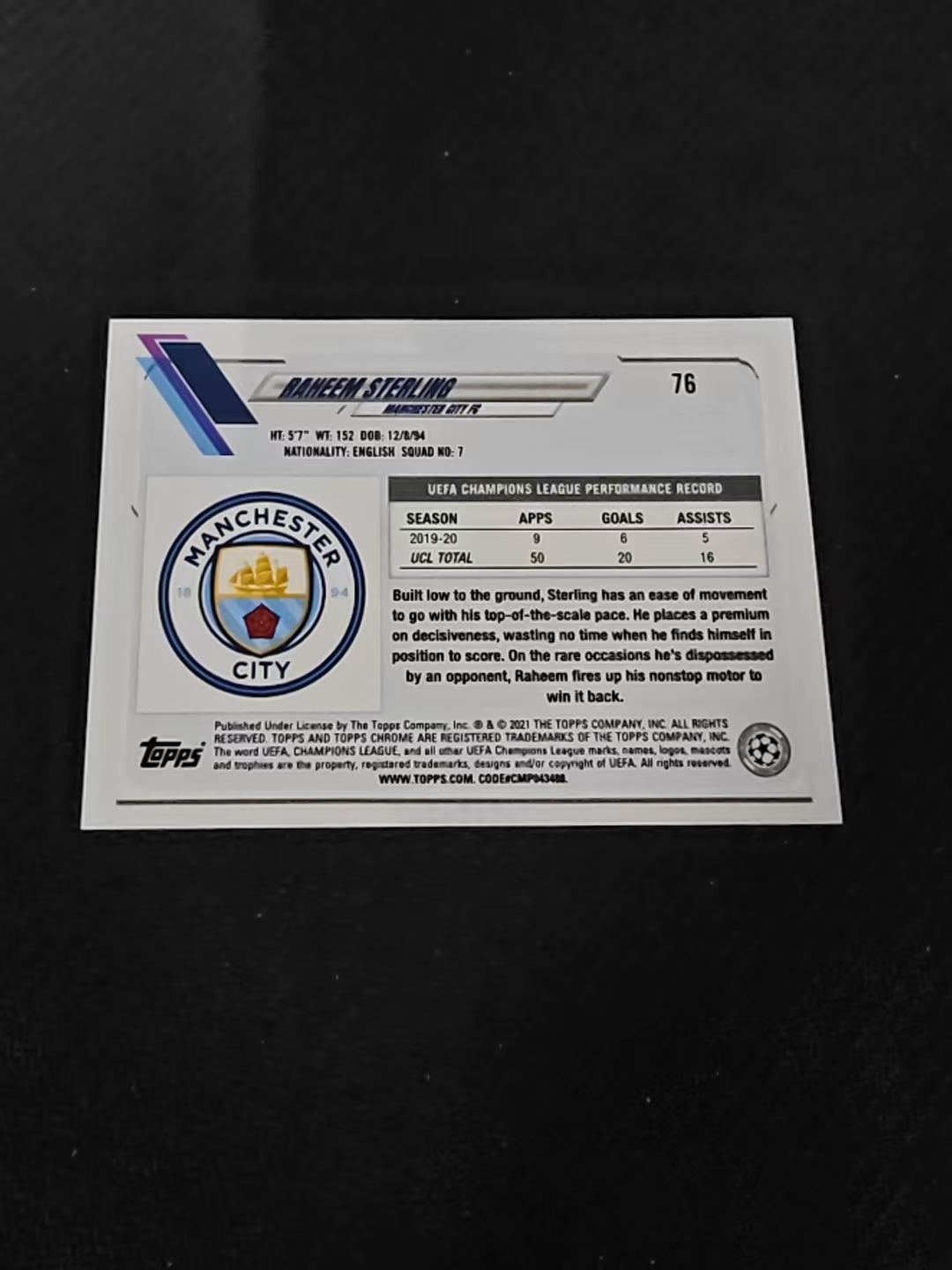 【可合并,不累计】2021 Topps Chrome Raheem Sterling 欧冠 曼城 斯特林 碎花折 碎点折 划痕 边角瑕疵 #76