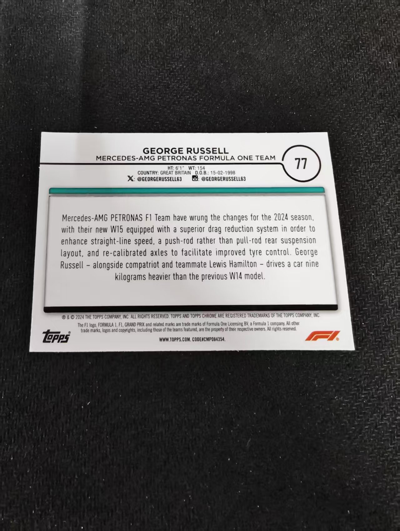 2024 topps chrome f1 George Russell 乔治 拉塞尔 特卡 梅赛德斯奔驰 划痕 边角瑕疵 #77