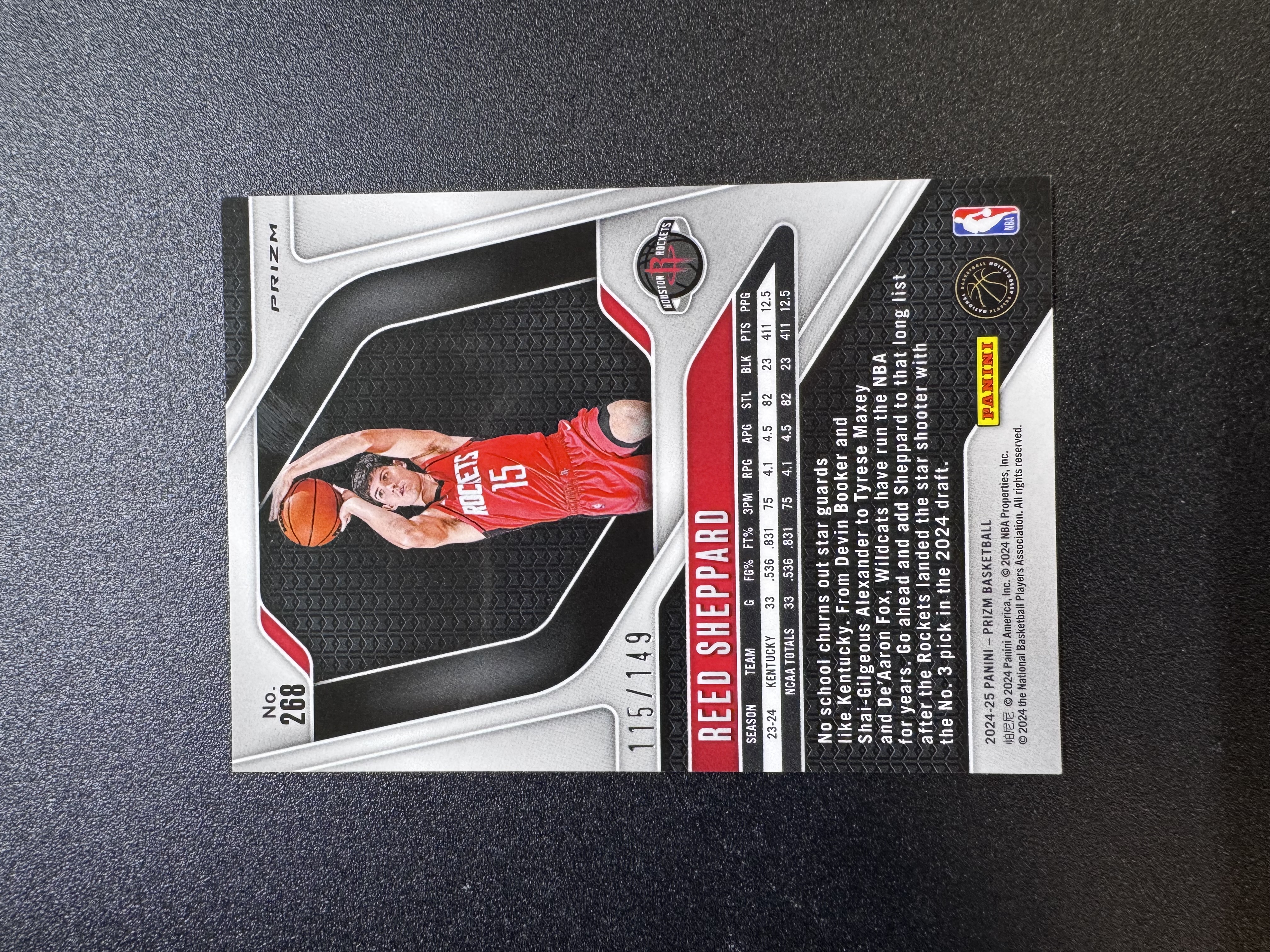 2024-25 Panini Prizm Reed Sheppard RC Prizm 里的 谢泼德 RC 新秀 紫碎冰折 火箭 149编 卡品如图