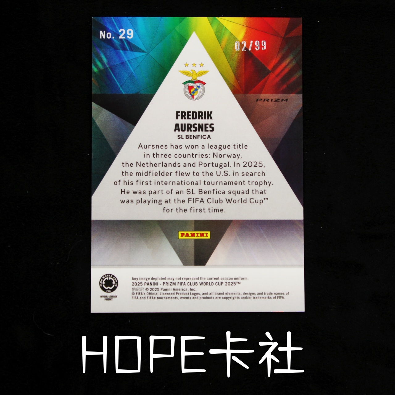 2023-24 Panini Prizm Fredrik Aursnes 世俱杯 弗雷德里克 奥尔斯内斯 02/99编紫碎冰 特卡【HOPE代卖(4.5%含卡淘)】