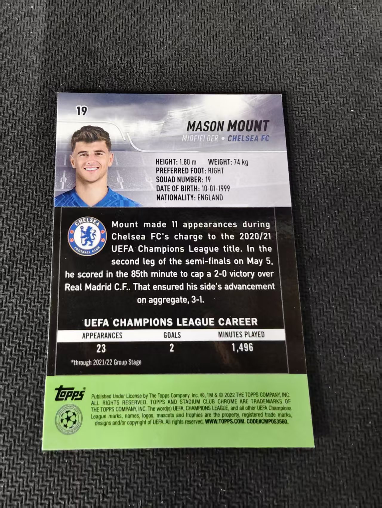 【可合并,不累计】2022 Topps Stadium Club Chrome Mason Mount 切尔西 梅森 芒特 欧冠 竞技场 不保卡品 介意勿拍 #19