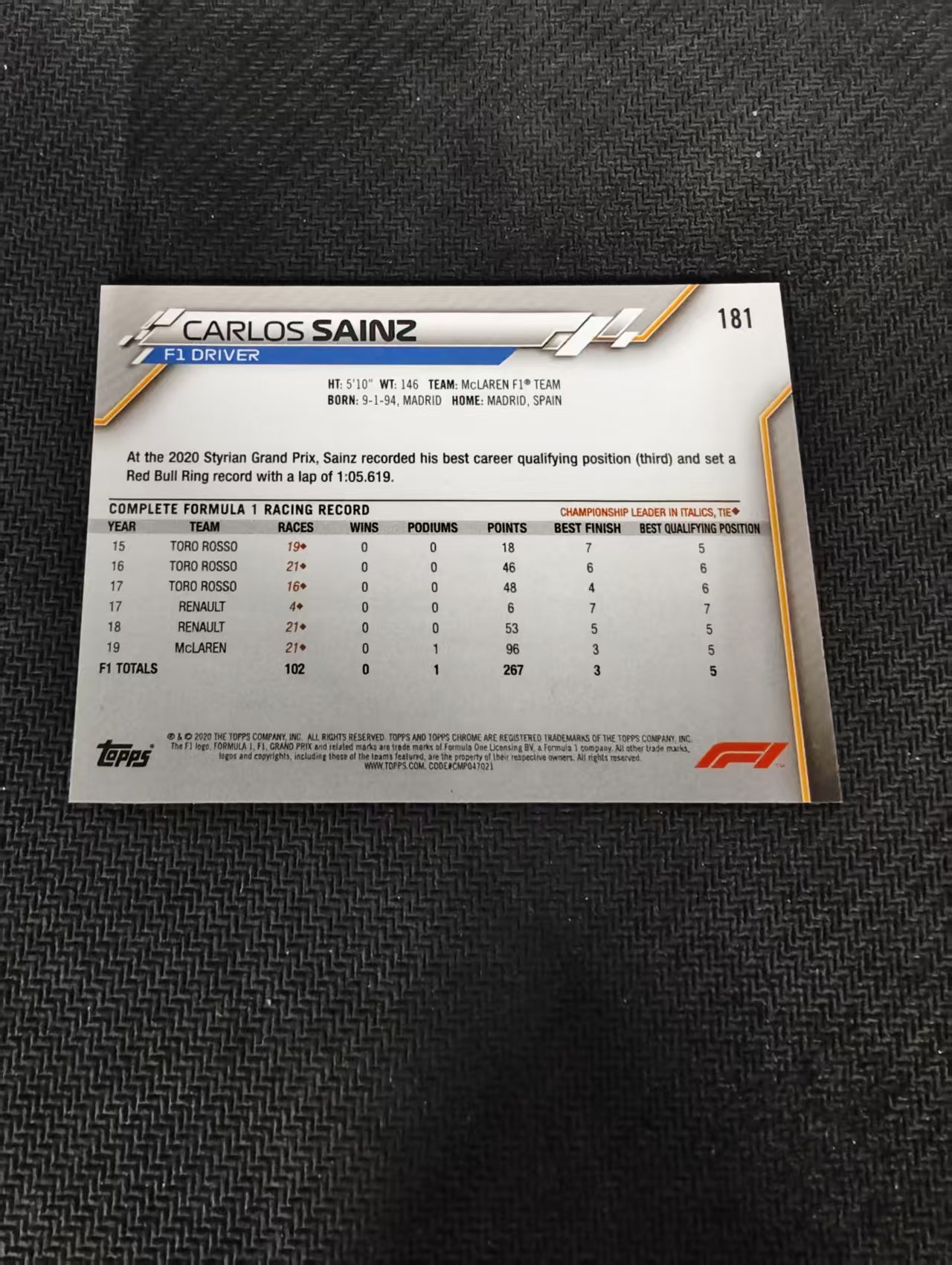 【汽水拍卖】2020 Topps Chrome Carlos Sainz 1元年蓝宝石 迈凯轮车队 卡洛斯 塞恩斯 蓝碎冰 边角瑕疵