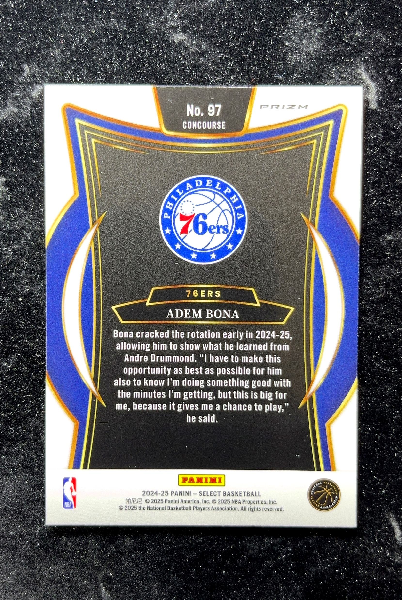 【小白1%代卖】2024 Panini Select Prizm Adem Bona 阿德姆·博纳 蓝碎冰折 折射 新秀 RC 卡品如图 高价值 #97 76ers 人 0702