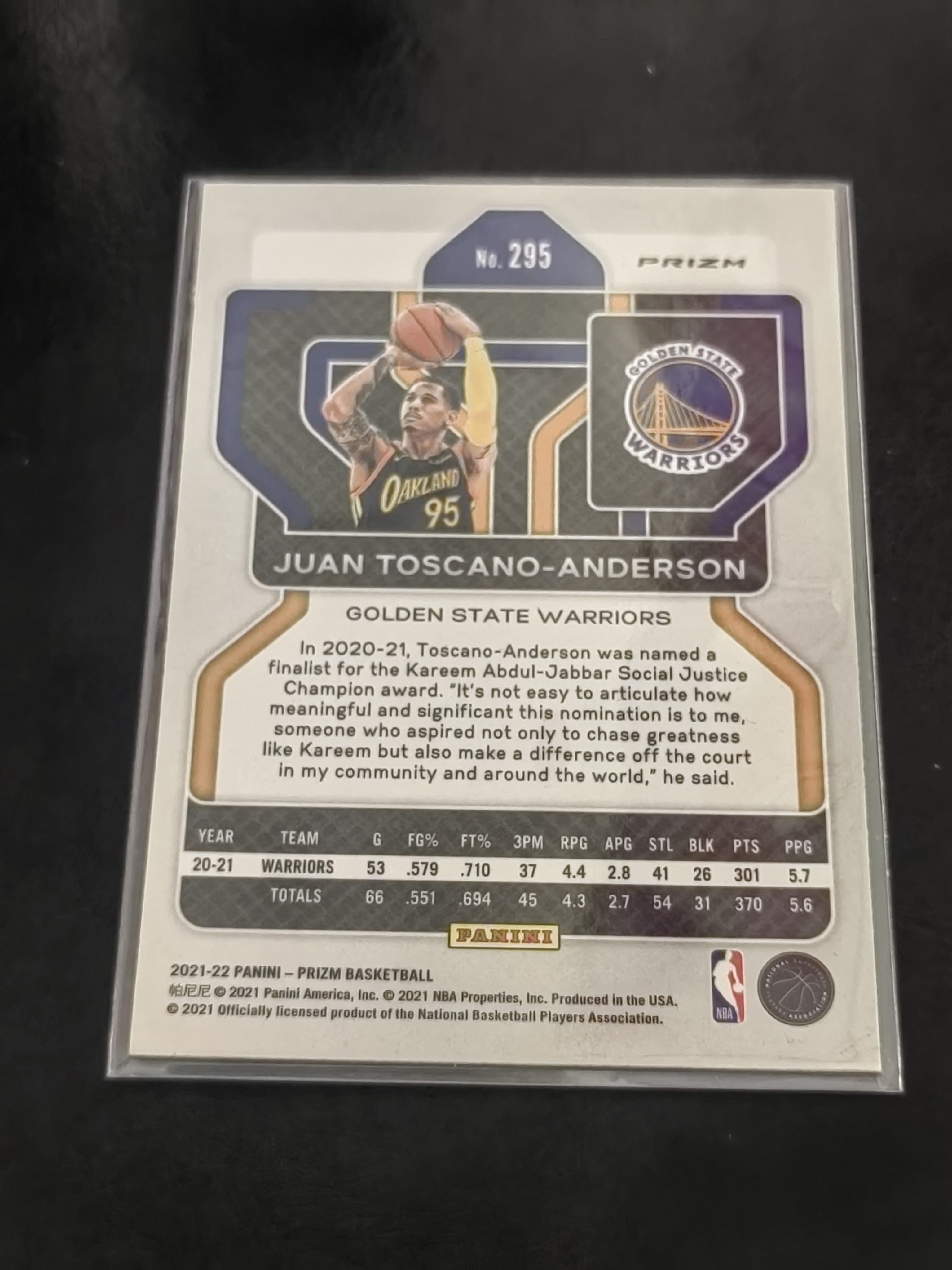 2021-22 Panini PRIZM Juan Toscano-Anderson RC PZ 蓝波纹 新秀 胡安·托斯卡诺-安德森 勇士 湖人 爵士 国王 篮 白边白角 不保卡品 卡品如图