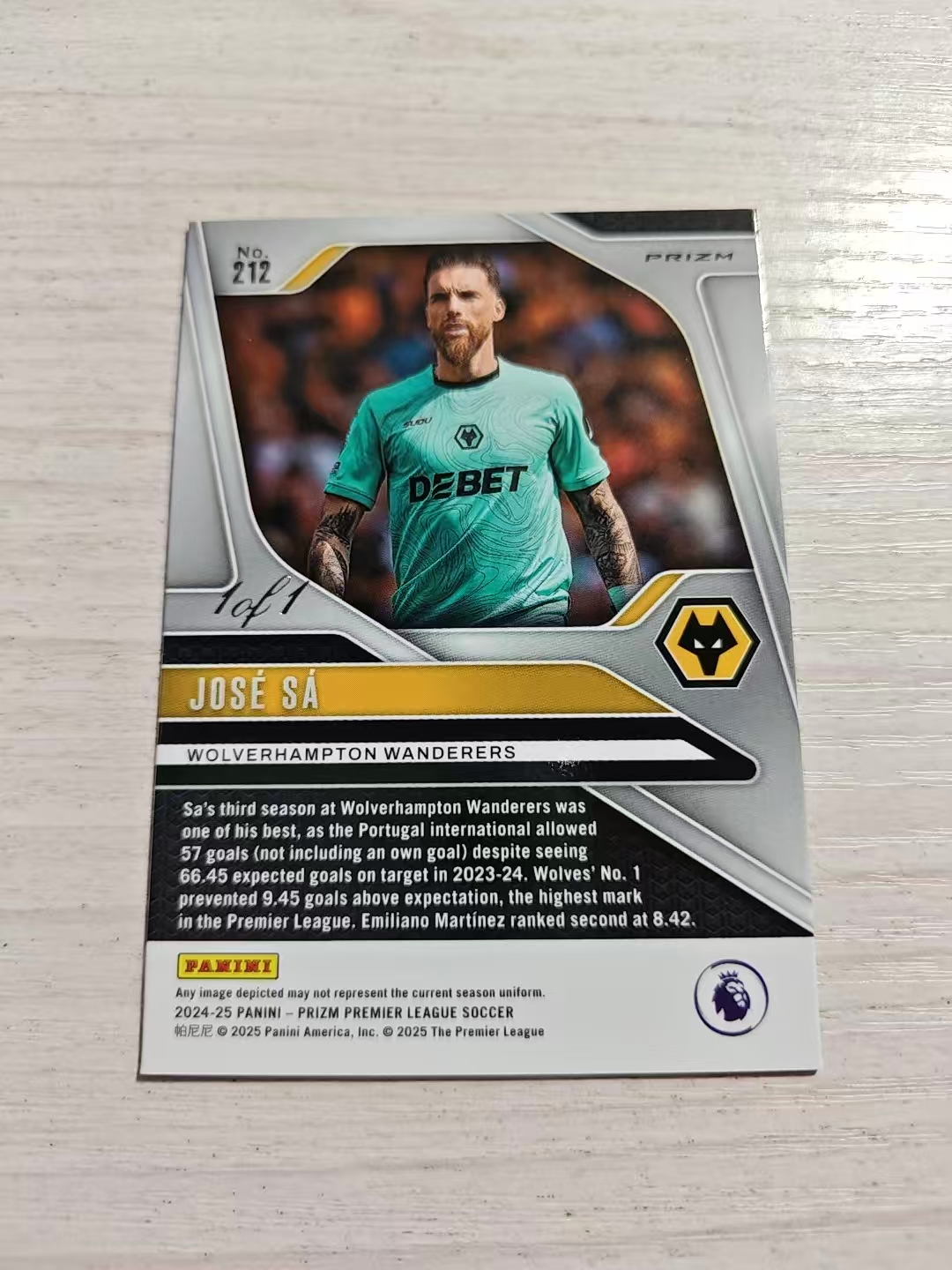 2024-25 Panini Prizm Jose Sa 【西北拍卖】帕尼尼英超prizm 若泽萨 1/1编黑泡泡折 黑折 ofo 狼队 葡萄牙 门神 行