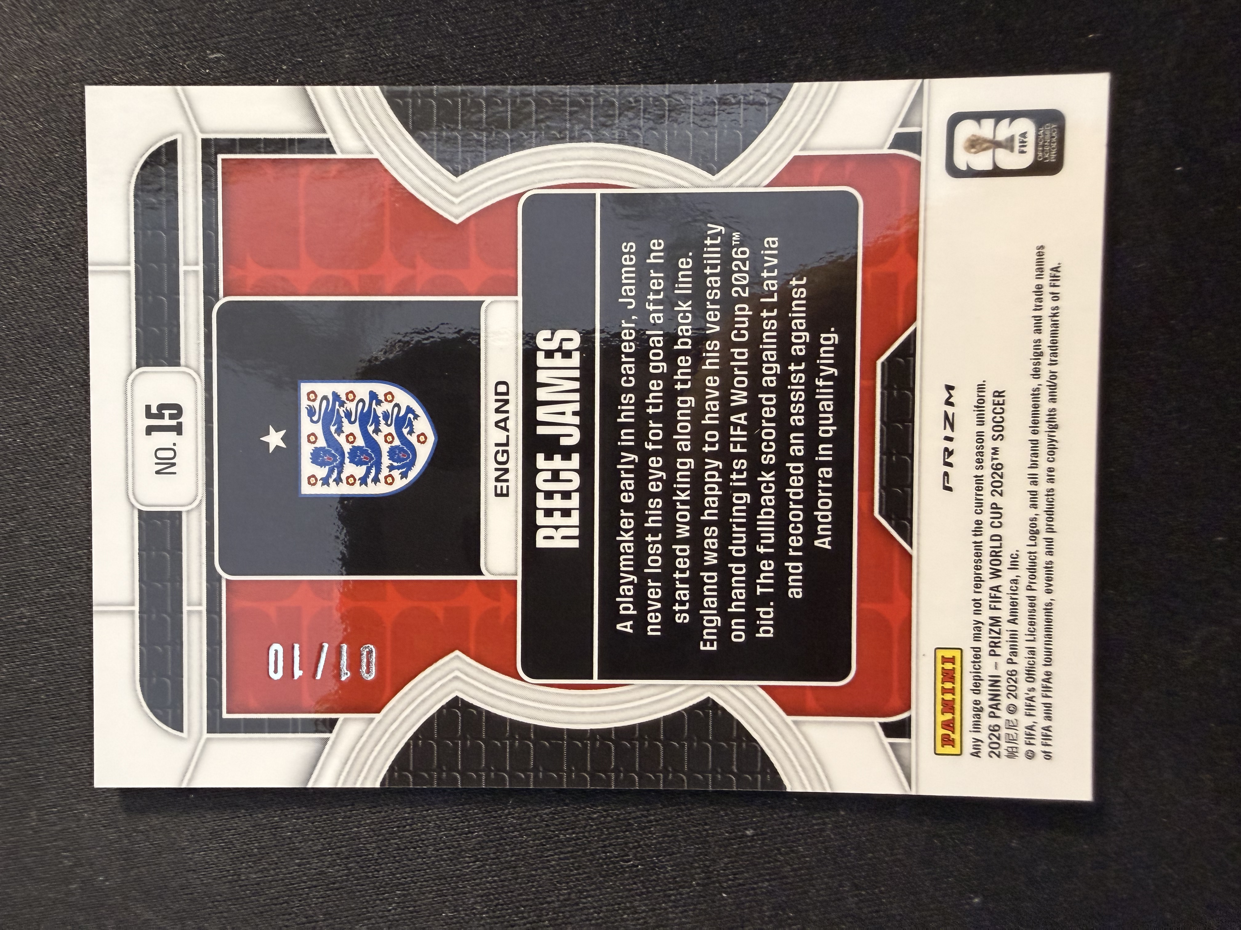 2026 Panini Prizm World Cup Reece James FIFA 世界杯 英格兰 里斯 詹姆斯 Phenomenon特卡 国际独占 金折射 首编 01/10编 - #8-1