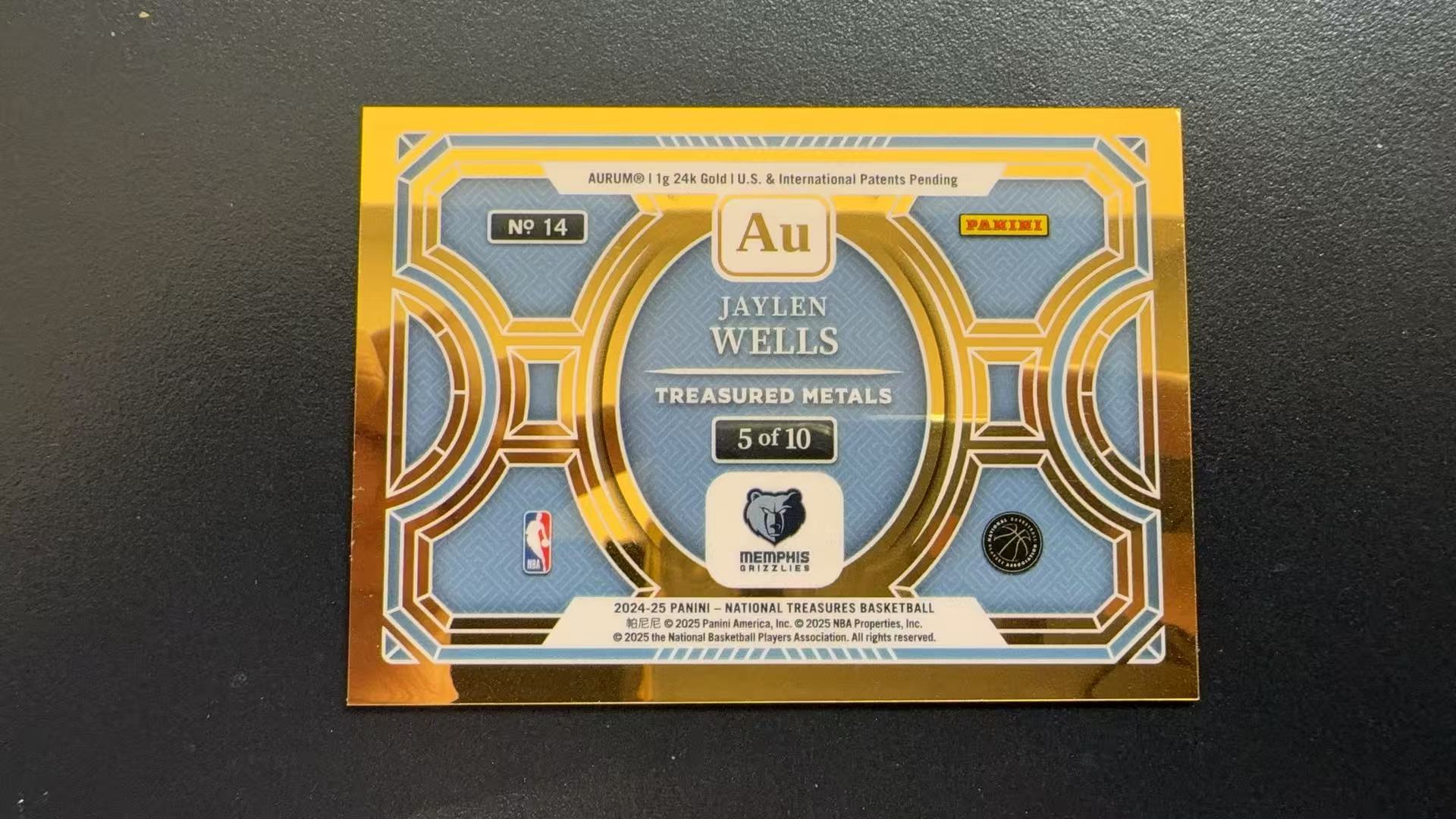 【Pw代卖】2024-25 Panini National Treasures 国宝 灰熊 杰伦威尔斯 新秀 RC Treasured Metals 珍宝金属特卡 5/10编 金版 收藏必备 萝卜哥