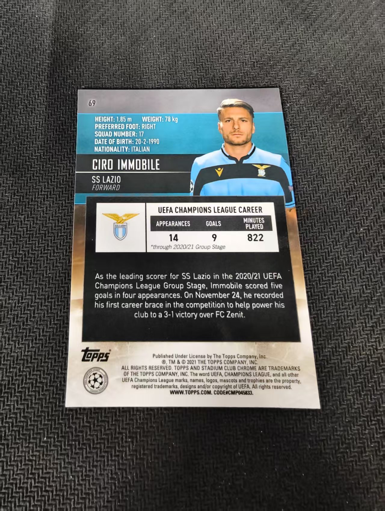 【可合并,不累计】2021 Topps Stadium Club Chrome Ciro Immobile 拉齐奥 因莫比莱 竞技场 欧冠 划痕 边角瑕疵 #69