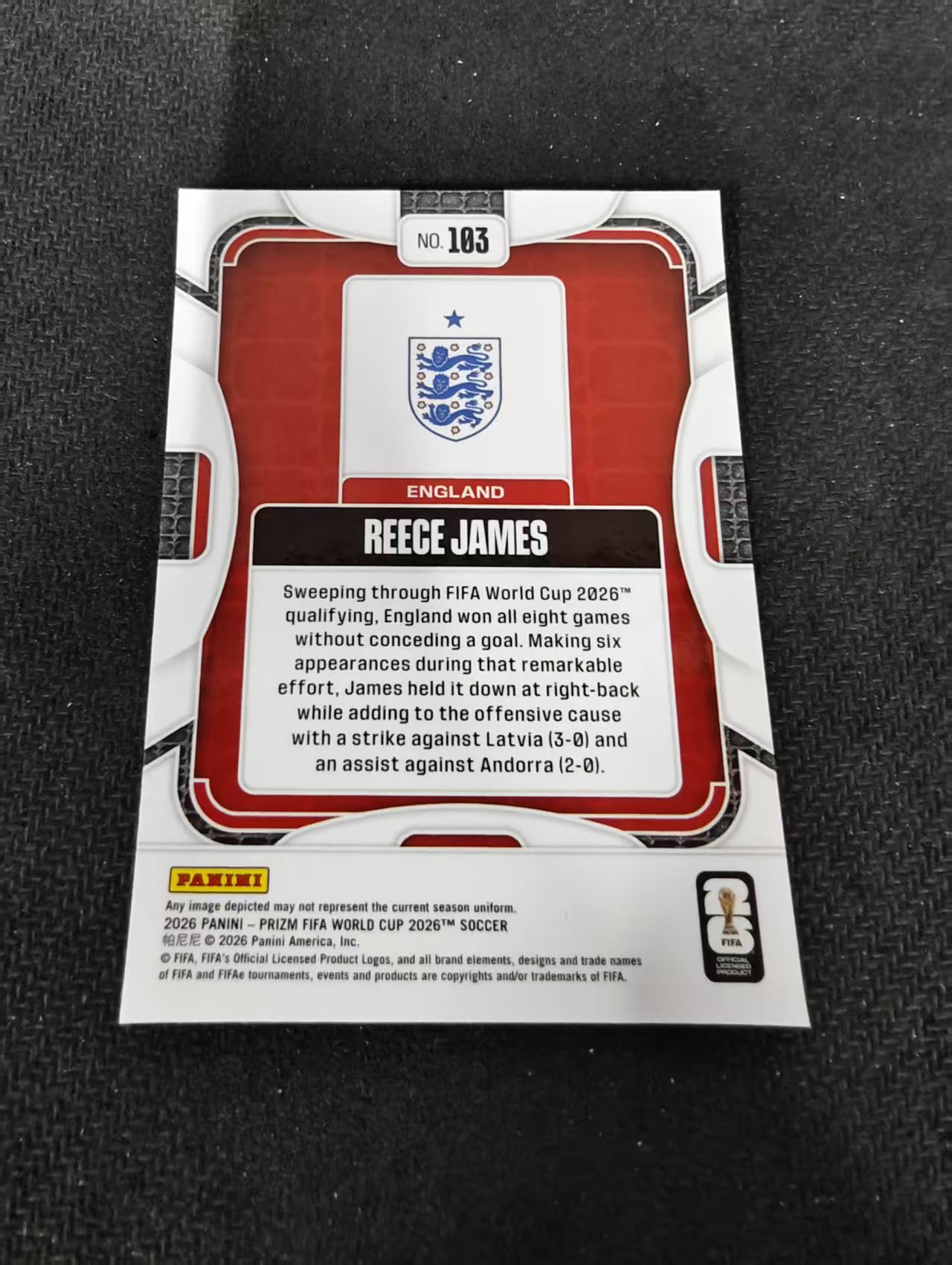 2026 Panini World Cup Prizm Reece James 世界杯PZ 英格兰 里斯 詹姆斯 PZ世界杯 划痕 边角瑕疵#103