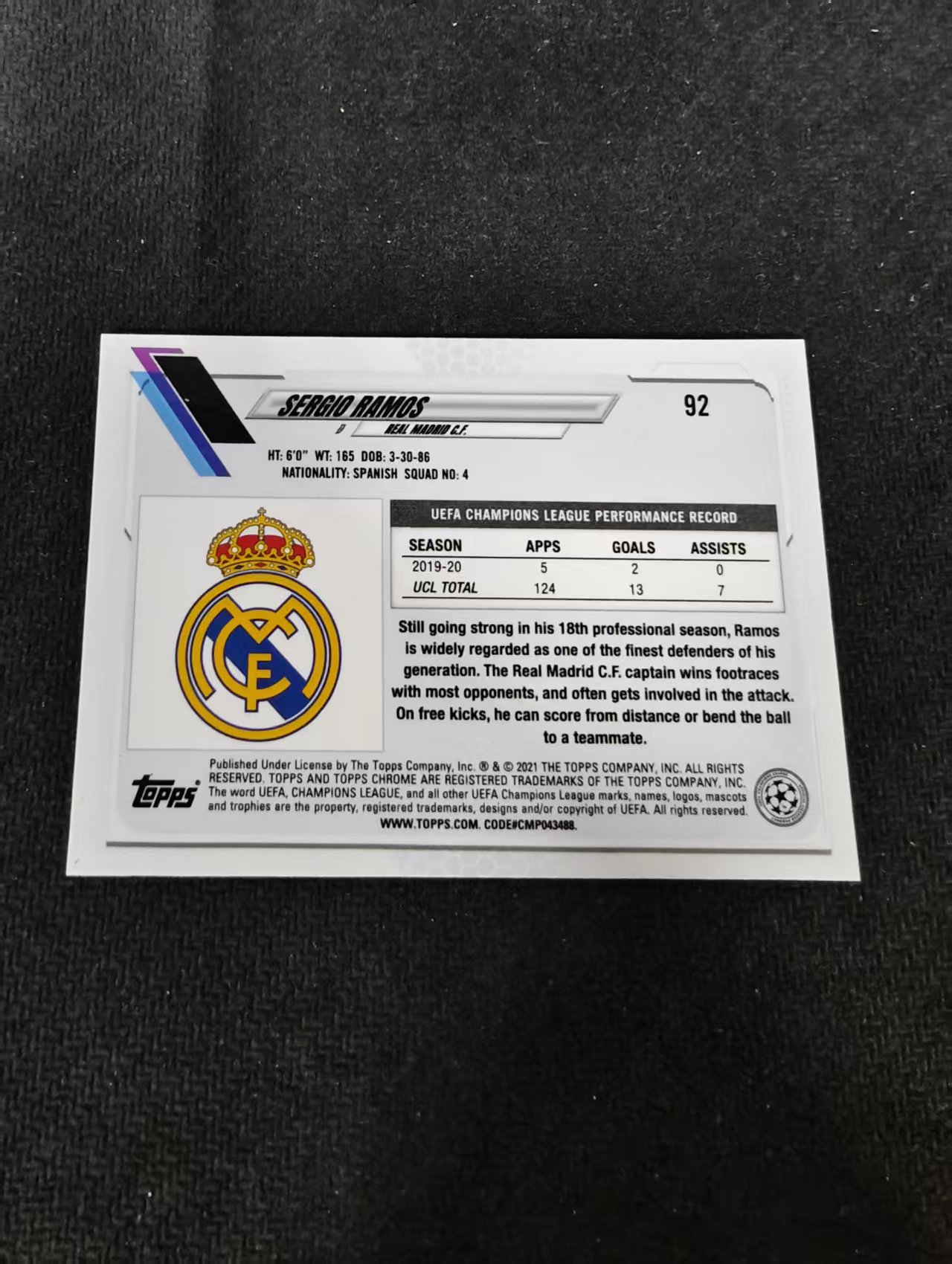 【可合并,不累计】 2021 Topps Chrome Sergio Ramos 塞尔吉奥 拉莫斯 水爷 皇家马德里 欧冠 碎花折 碎点折 划痕 边角瑕疵 #92