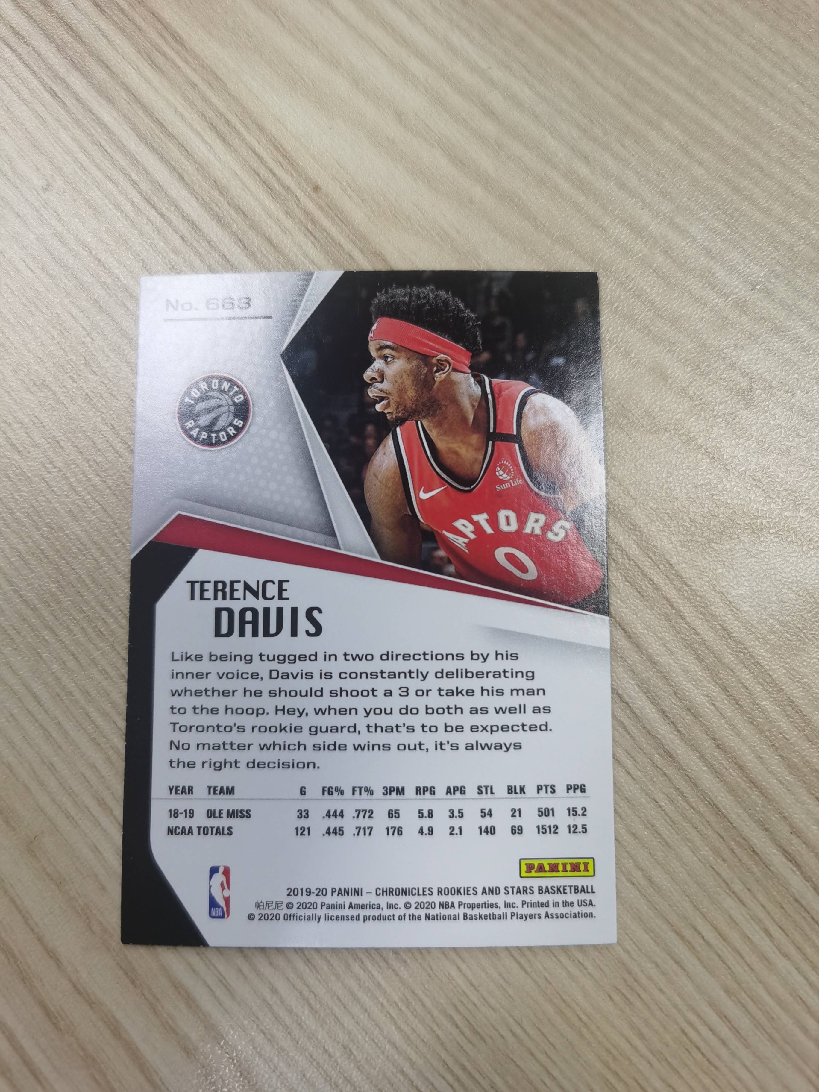 2019-20 Panini Chronicles Terence Davis II 2019-20 特伦斯·戴维斯 新秀rc chronicles编年史 20年新秀二阵 潜力新秀 猛龙