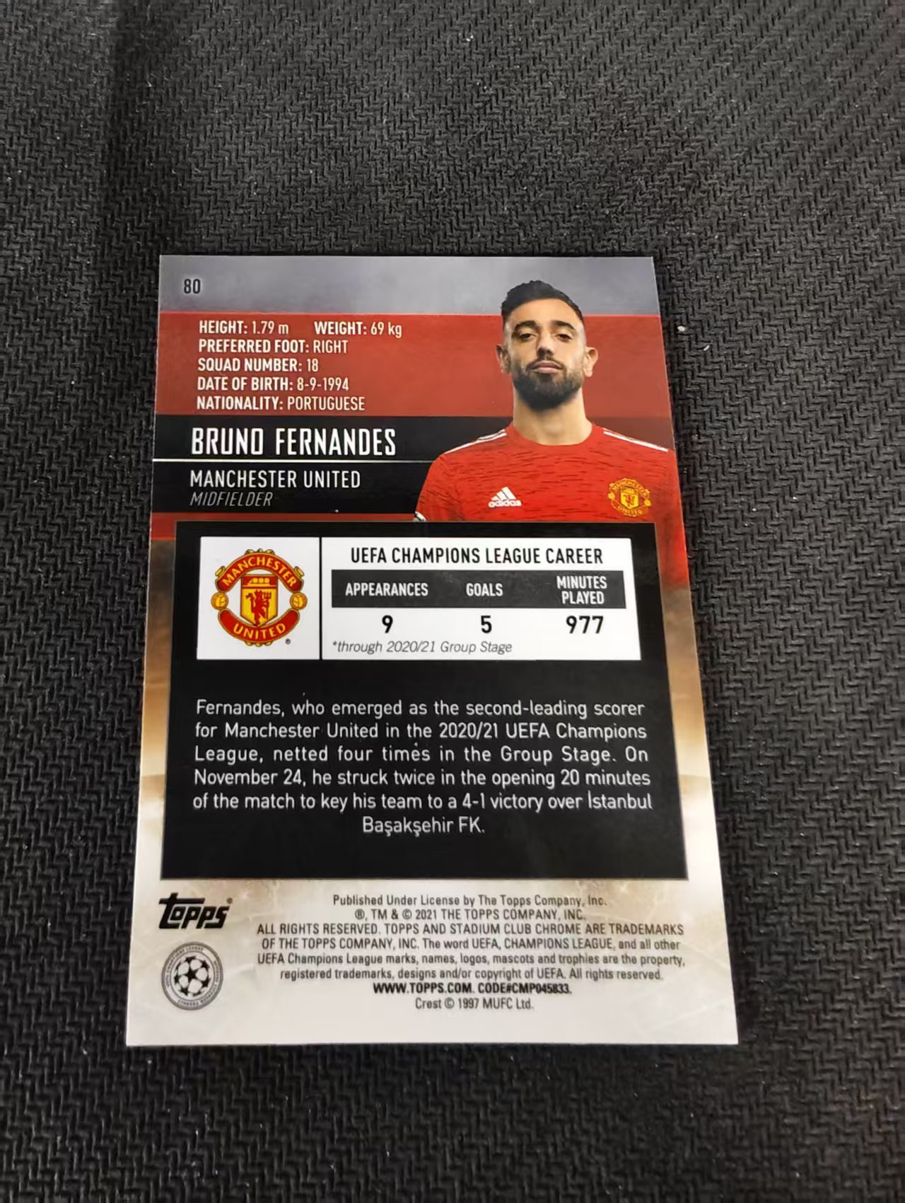 【可合并,不累计】2021 Topps Stadium Club Chrome Bruno Fernandes 曼联 B 费尔南德斯 竞技场 欧冠 划痕 边角瑕疵 #80
