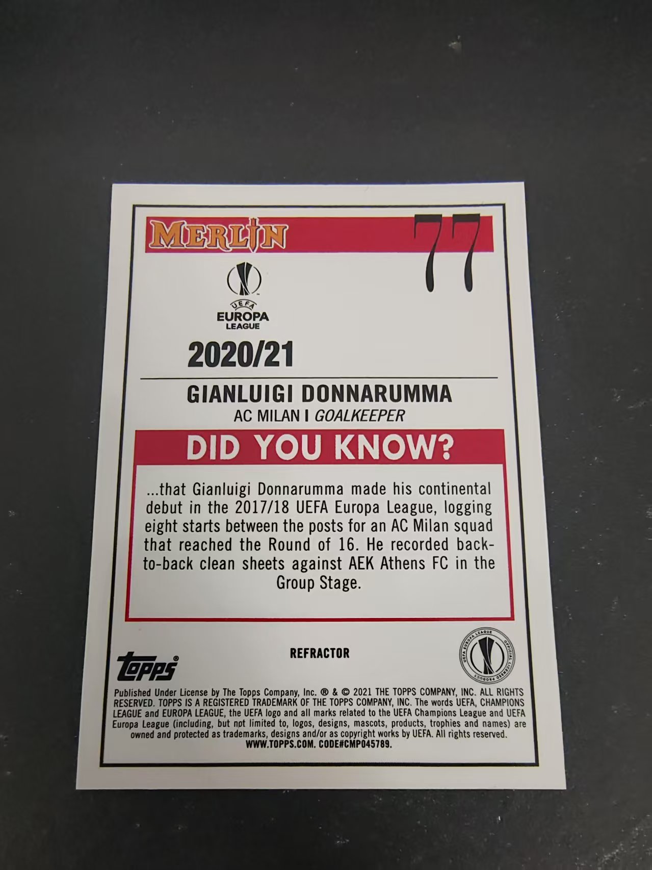 【可合并,不累计】2021 Topps Merlin chrome Gianluigi Donnarumma 欧冠 梅林 多纳鲁马 AC米兰 意大利 大巴黎 银折 #77