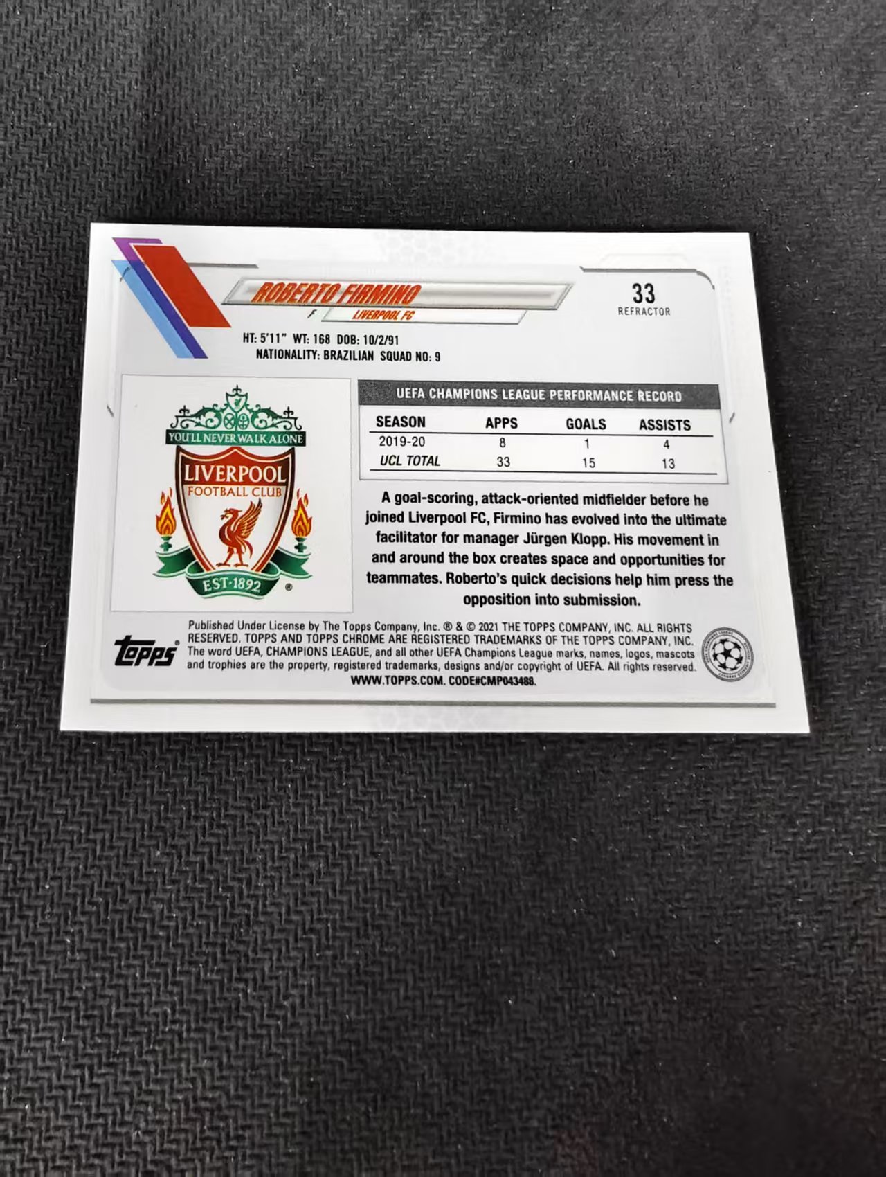 【可合并,不累计】2021 Topps Chrome Roberto Firmino 菲尔米诺 利物浦 巴西 欧冠 银折 划痕 边角瑕疵 #33
