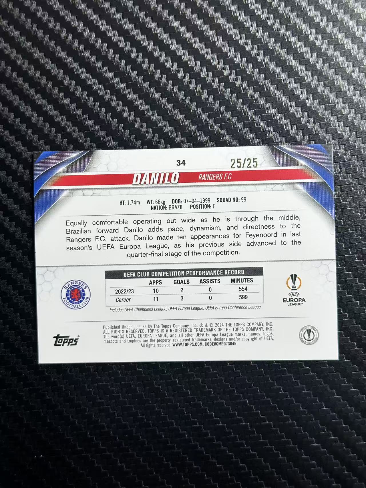 2024 Topps ucc DANILO 欧冠 碧玉 达尼洛 达尼罗 大巴黎 流浪者 25/25编 橙玉折 尾编 卡品如图 拍前看描述