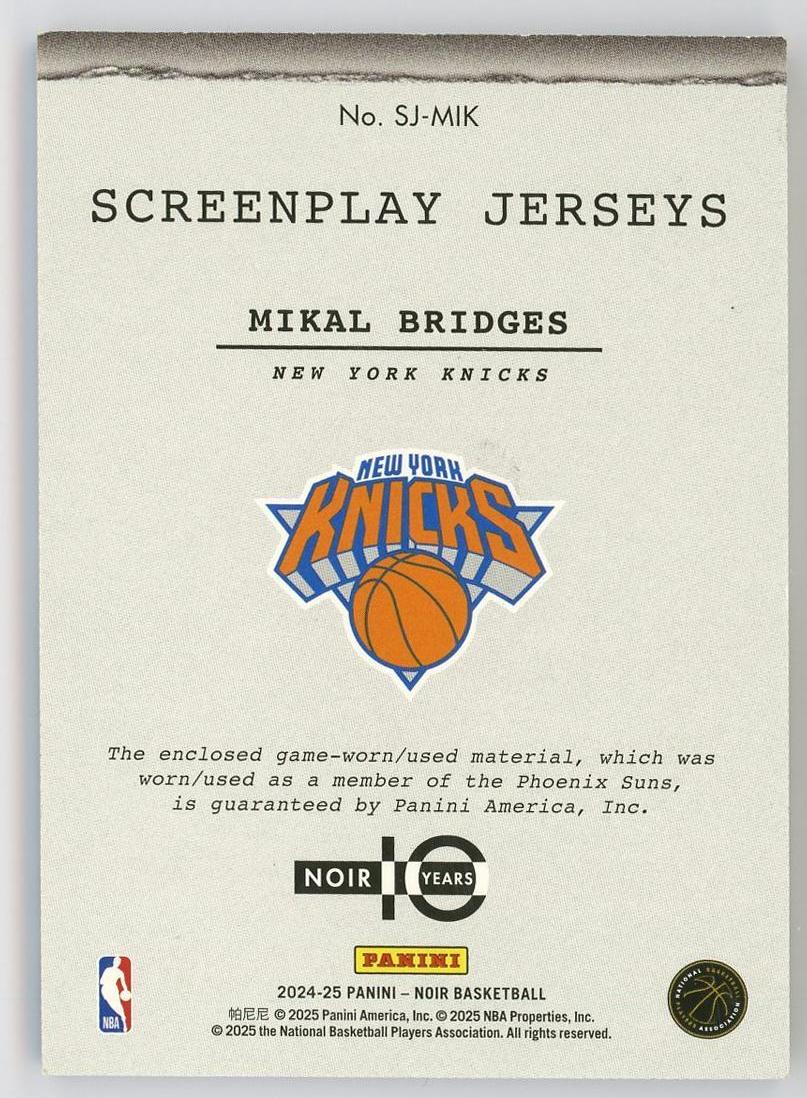 2024-25 Panini Noir Mikal Bridges 米卡尔布里奇斯 诺尔 99编 亲穿 球衣 物料 尼克斯 大桥 卡品如图 0YQ3/11.16