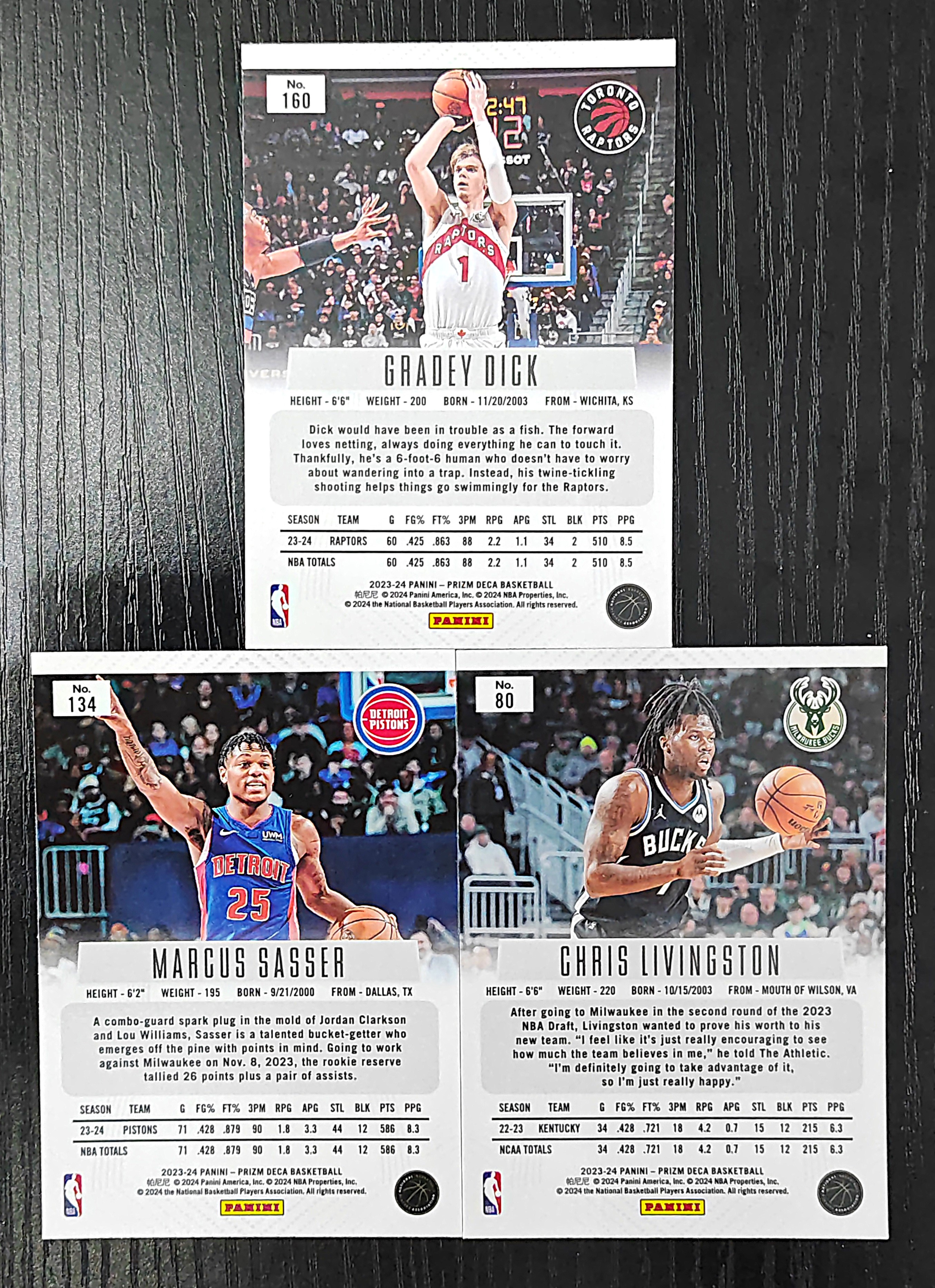 2023-24 Panini Prizm Deca Gradey Dick RC 迪克 牛子哥 Sasser 萨瑟 Livingston 利文斯顿 潜力新秀 PZdeca 复刻系列 3张打包 卡品如图