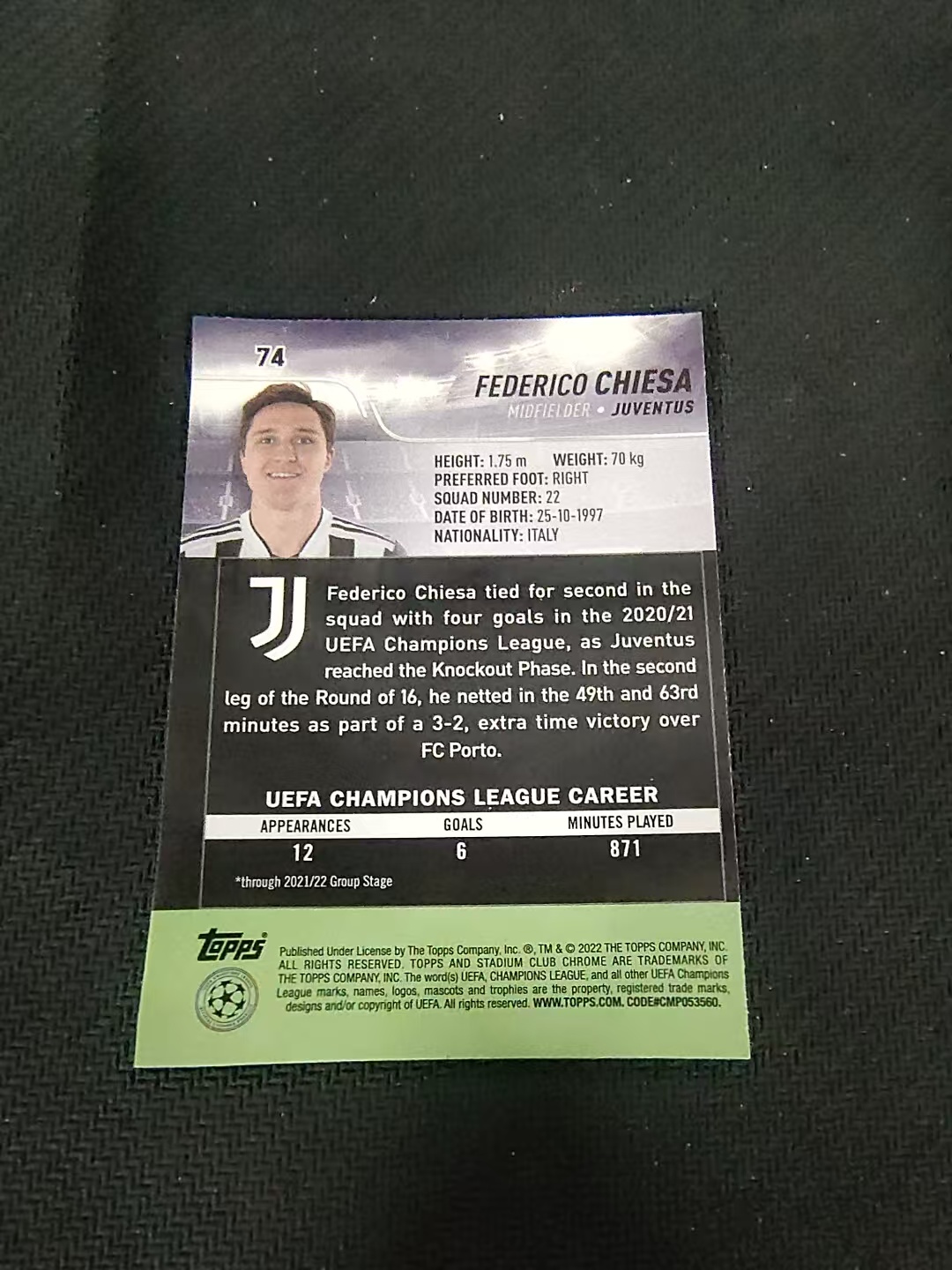【可合并,不累计】2022 Topps Stadium Club Chrome Federico Chiesa 小基耶萨 尤文图斯 竞技场 欧冠 划痕 边角瑕疵 #74