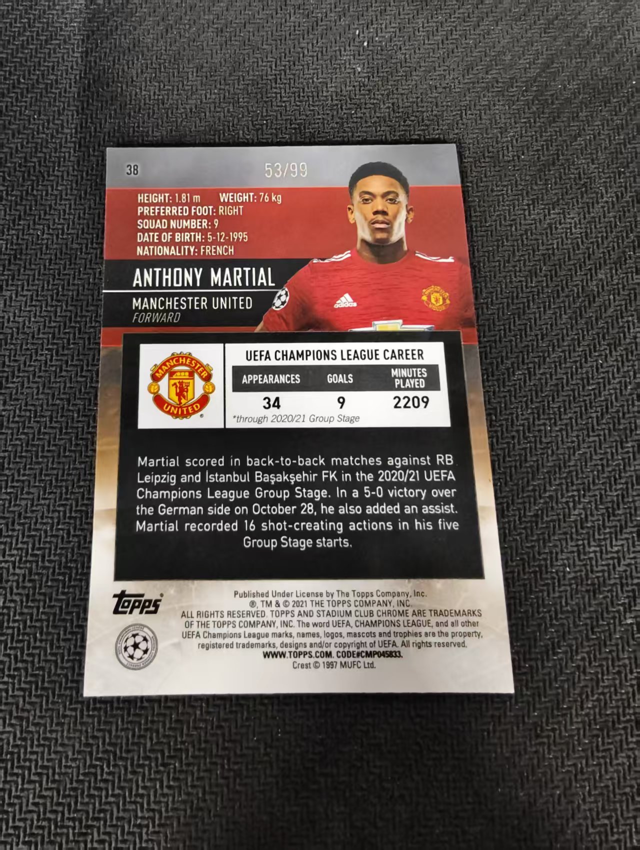 【可合并,不累计】2021 Panini Stadium Club Anthony Martial 竞技场 安东尼 马夏尔 欧冠 绿折 99编 瑕疵如图