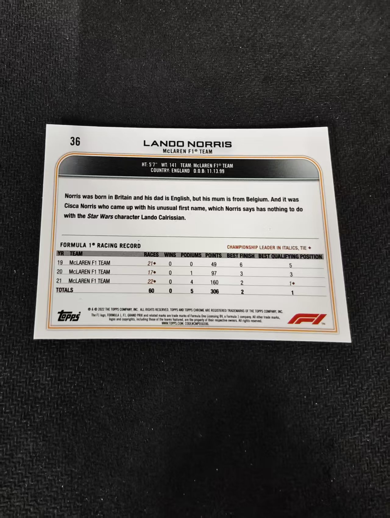 2022 Topps Chrome F1 Lando Norris 兰多 诺里斯 迈凯伦车队 划痕 边角瑕疵 #36