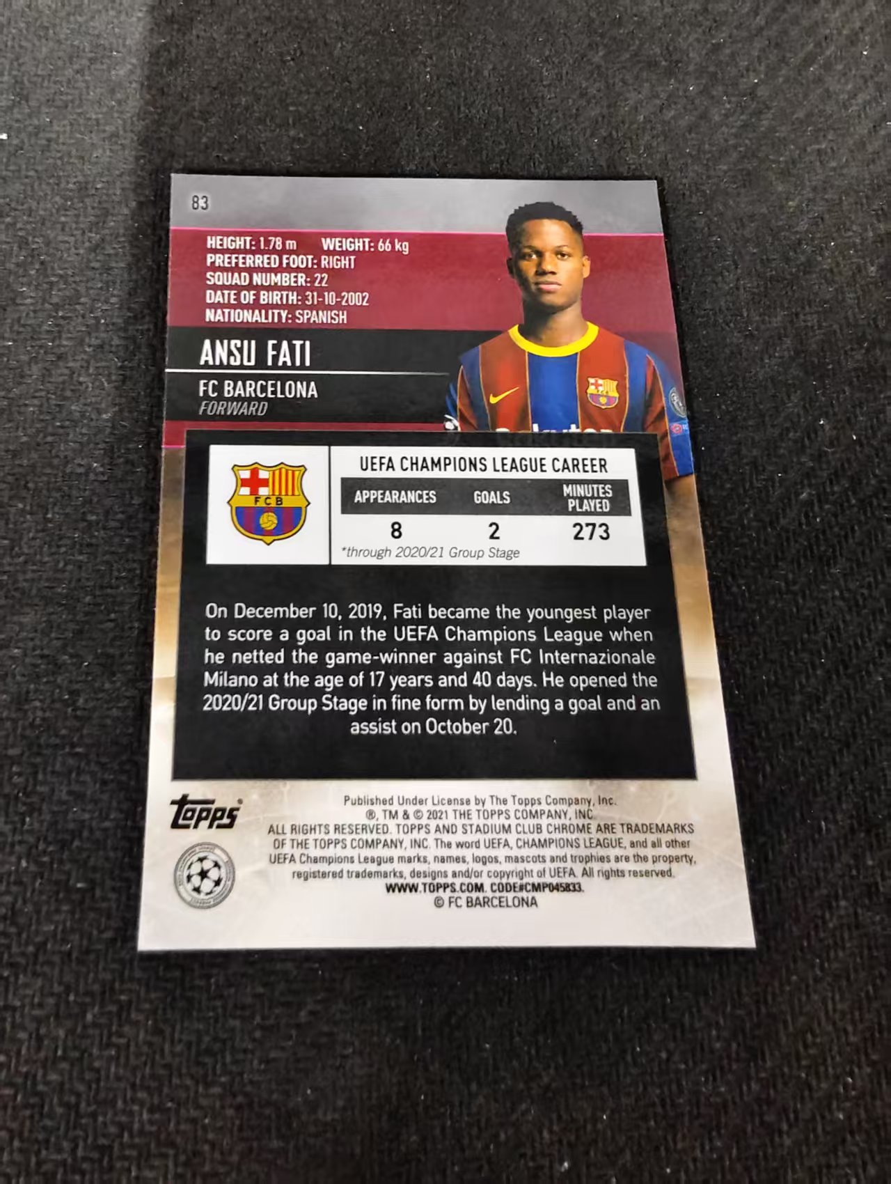 【可合并,不累计】2021 Topps Stadium Club Chrome Ansu Fati 安苏 法蒂 巴萨 欧冠 竞技场 不保卡品 介意勿拍 #83