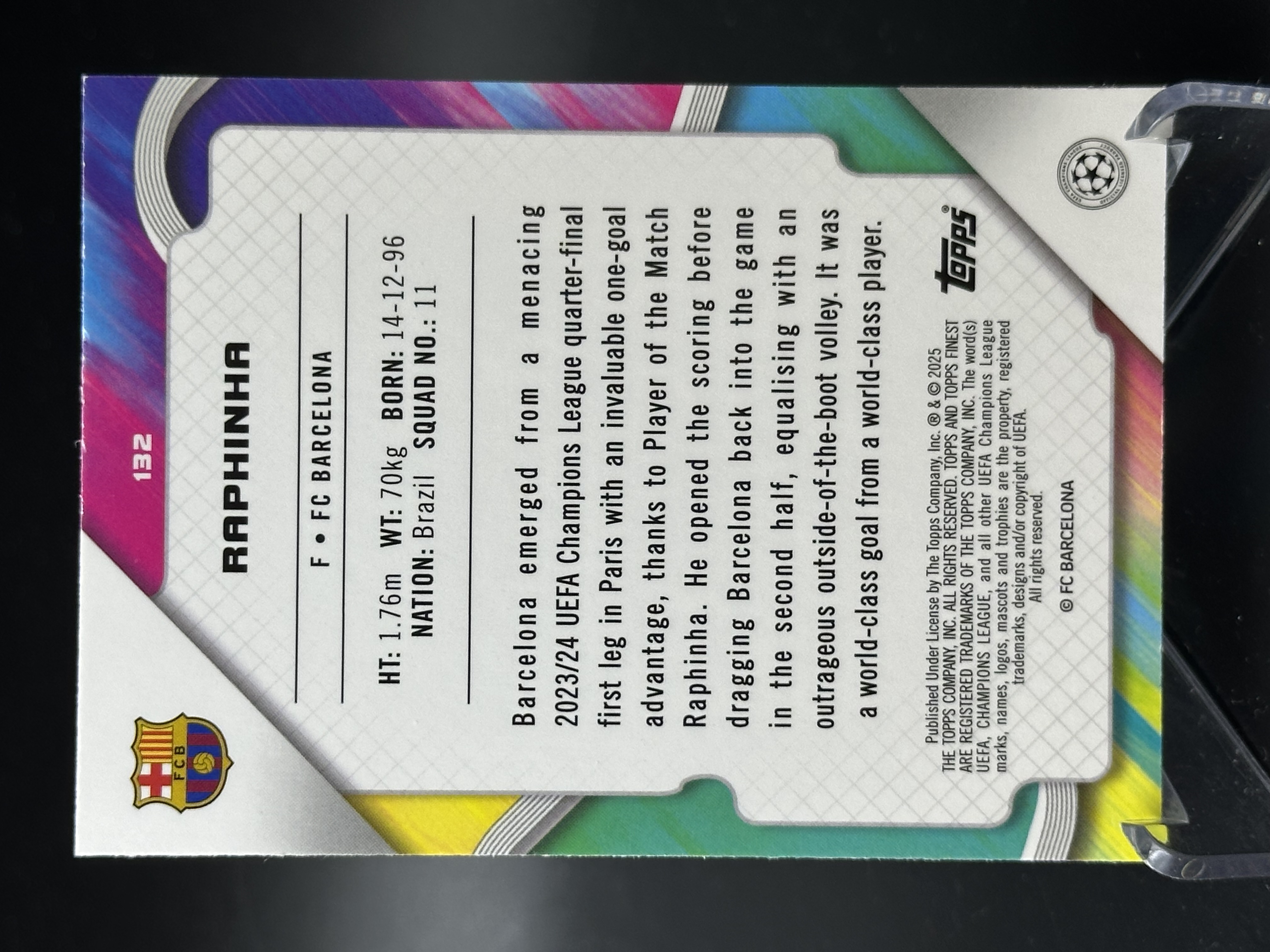 2024-25 Topps Finest Raphinha 【小黄拍卖】欧冠 拉菲尼亚 巴萨 巴塞罗那 蓝折 168/275编「cook」