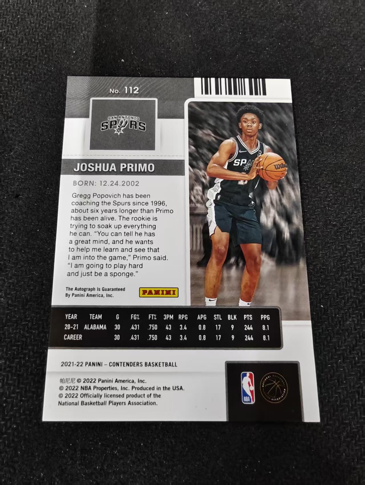 2021-22 Panini Contenders Joshua Primo RC 乔舒亚 普里莫 马刺 新秀 球票 签字 卡签 瑕疵如图