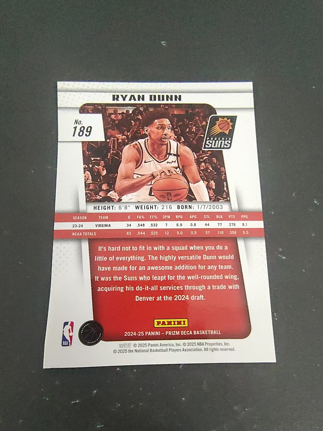 【可合并,不累计】2024-25 Panini Prizm Ryan Dunn RC 瑞安邓恩 太阳新秀 pz deca 复刻 划痕 边角瑕疵 #189