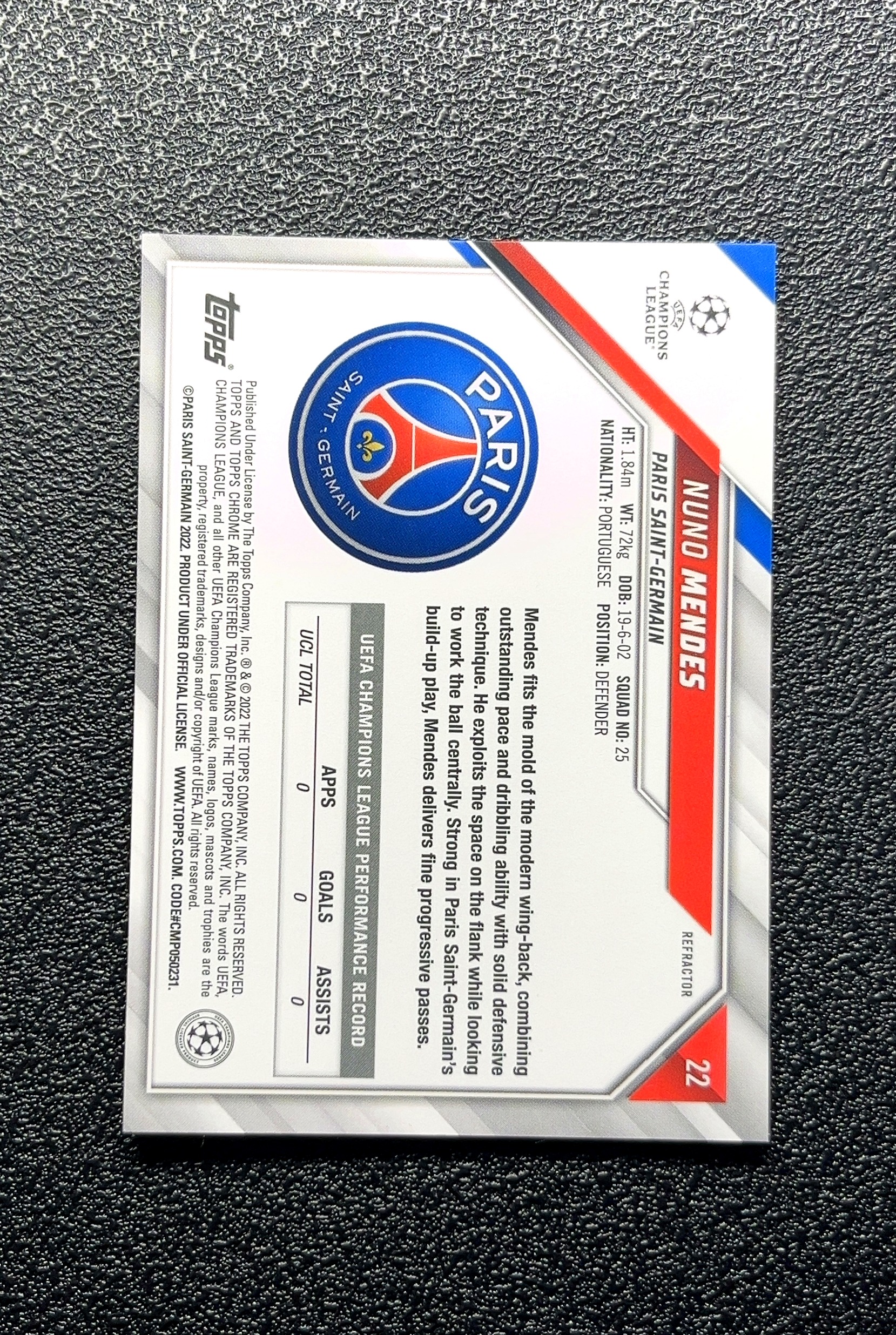 【小白1%代卖】2022 Topps Chrome RC 新秀 Nuno Mendes 努诺·门德斯 银折 折射 新秀 RC 卡品如图 高价值 #22 Paris 0013#307