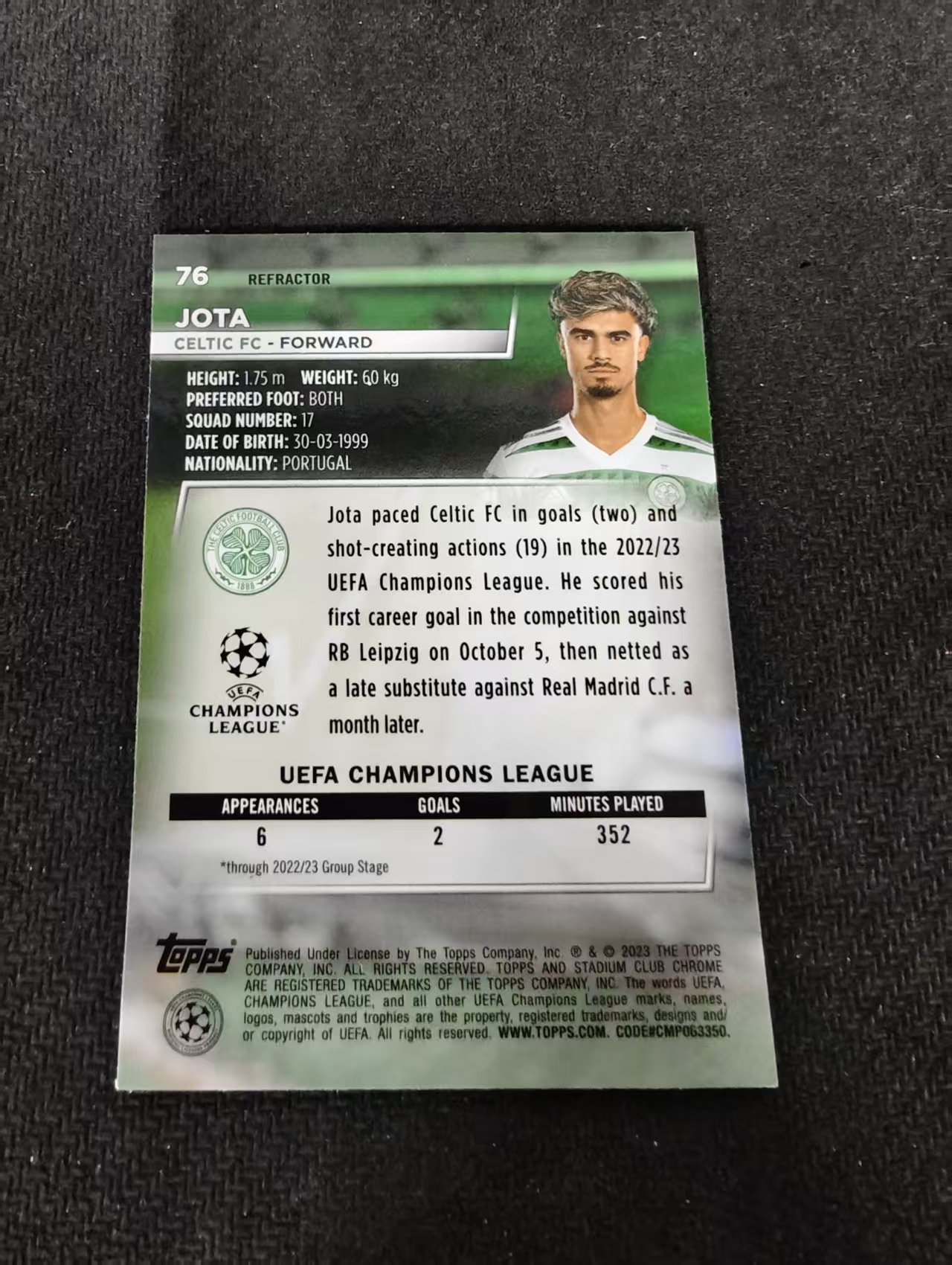 【可合并,不累计】2023 Topps Stadium Club Chrome jota 凯尔特人 若塔 欧冠 竞技场 银折 划痕 边角瑕疵 @76