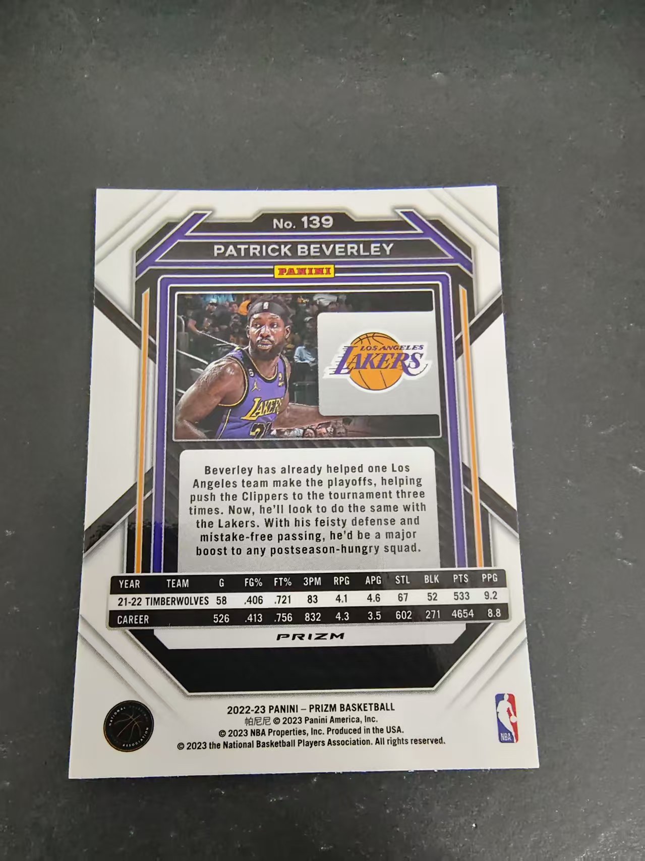 【可合并,不累计】2022-23 Panini Prizm Patrick Beverley 湖人 帕特里克 贝弗利 PZ Hyper折 划痕 边角瑕疵 #139