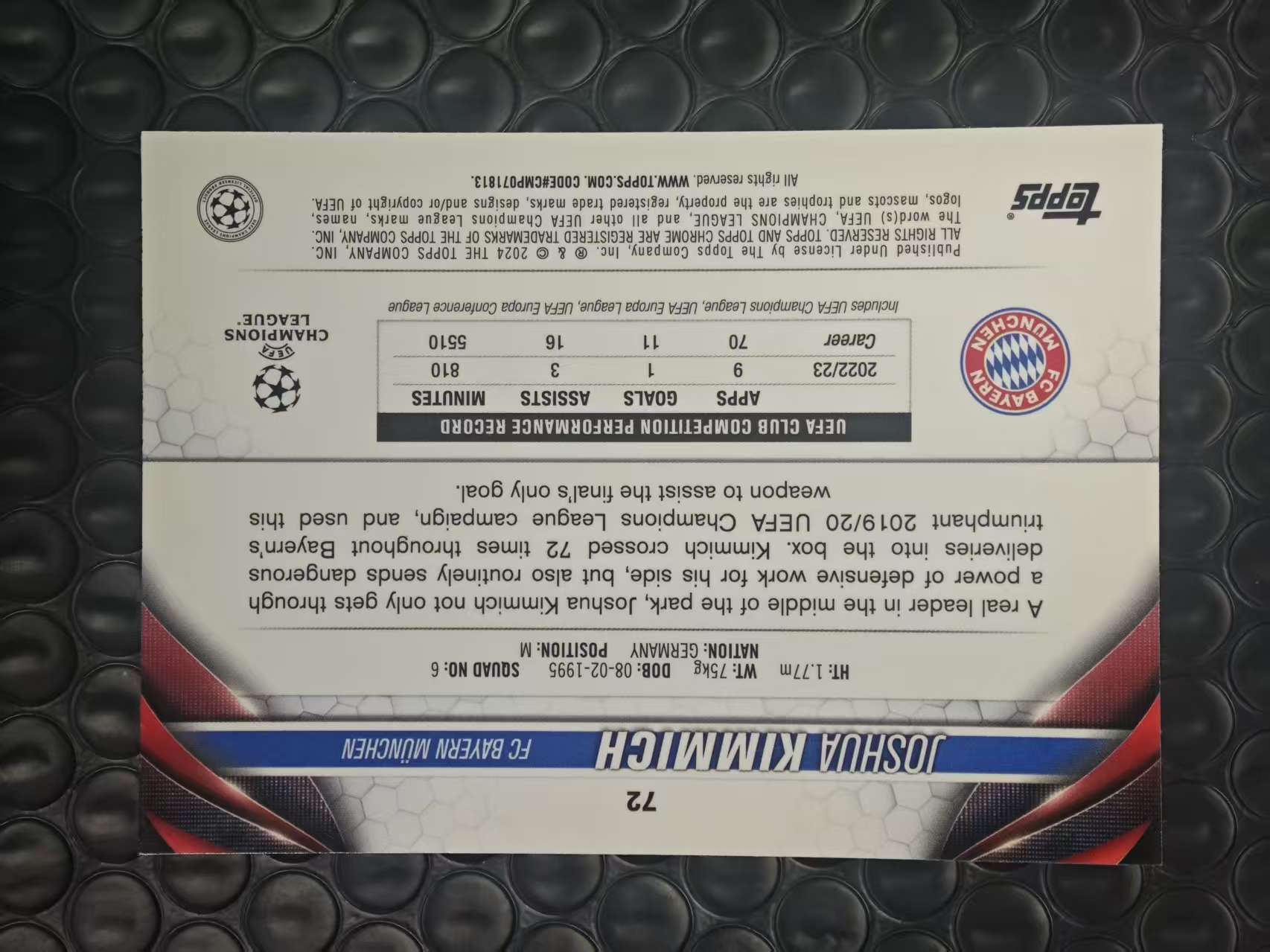 2024 Topps Chrome Joshua Kimmich 欧冠TC 拜仁慕尼黑 德国 约书亚 基米希 鸡哥 133/399编 绿波纹折 折射 卡品如图【原地起飞卡社】MVP11.11