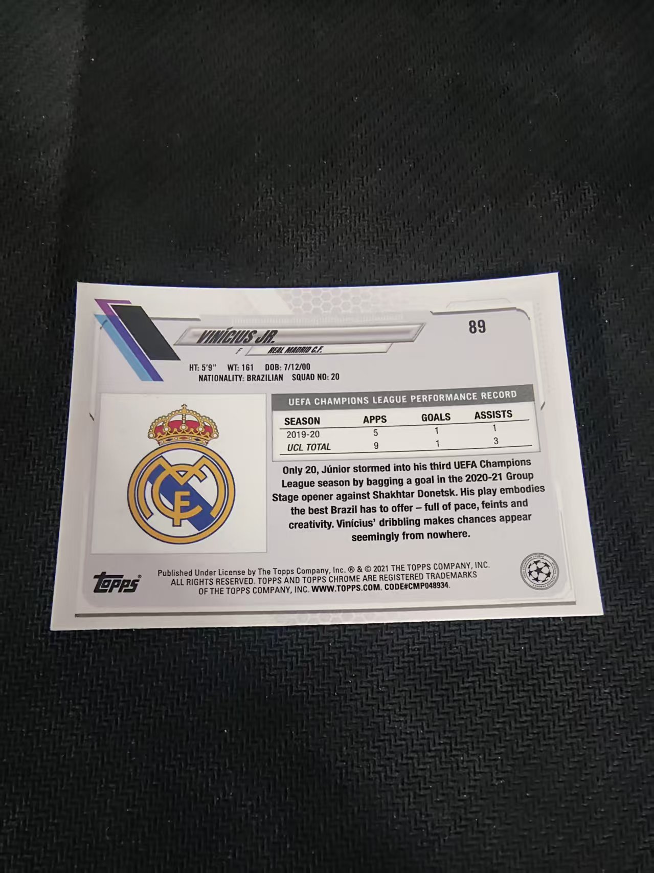 【可合并,不累计】2021 Topps Chrome Vinicius Junior 维尼修斯 欧冠 皇家马德里 划痕 边角瑕疵 @89