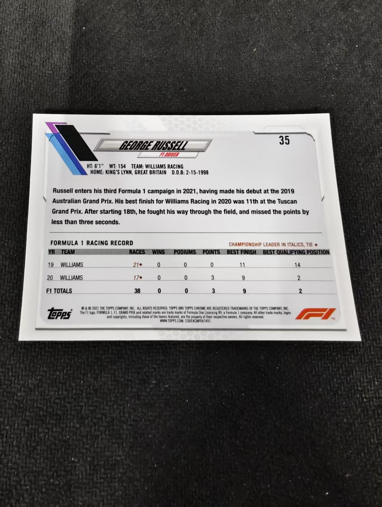 2021 Topps Chrome George Russell F1 威廉姆斯车队 乔治 拉塞尔 划痕 边角瑕疵 #35