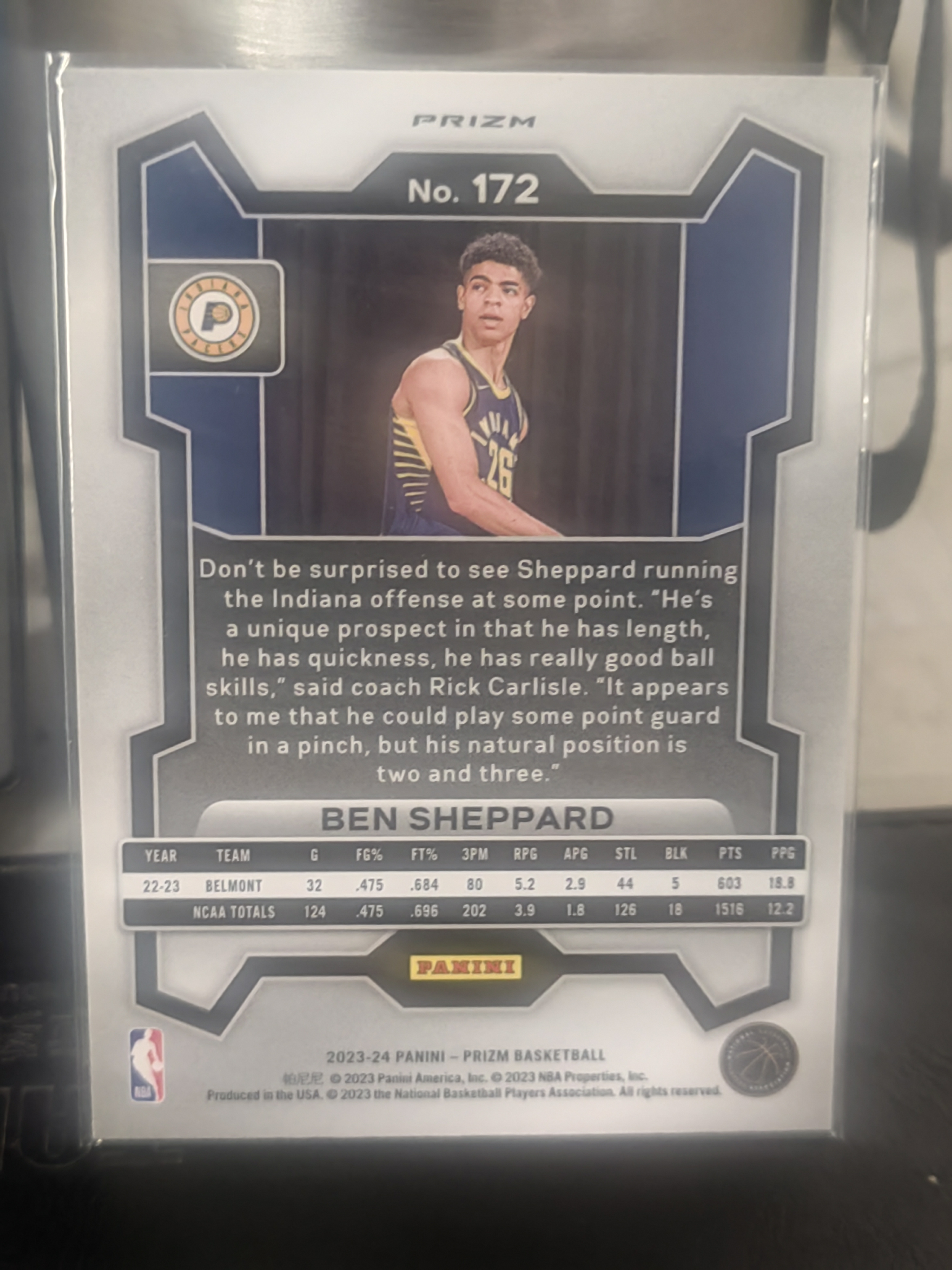 2023-24 Panini Prizm Ben Sheppard RC PZ 橙碎冰 本 谢泼德 步行者 篮 白边白角 不保卡品 卡品如图