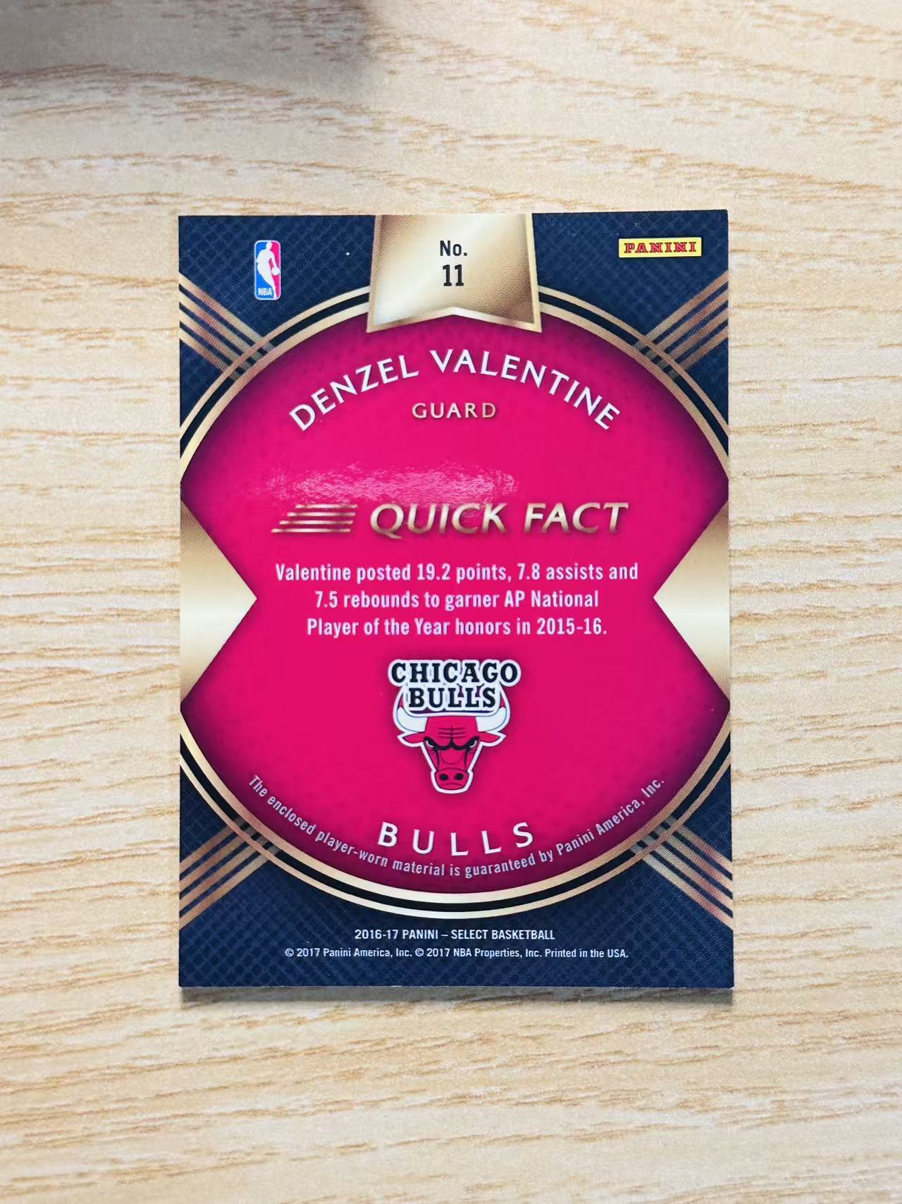 2016-17 Panini Select Denzel Valentine 嘿嘿代卖 丹泽尔 瓦伦丁 球衣 物料 公牛 收藏必备