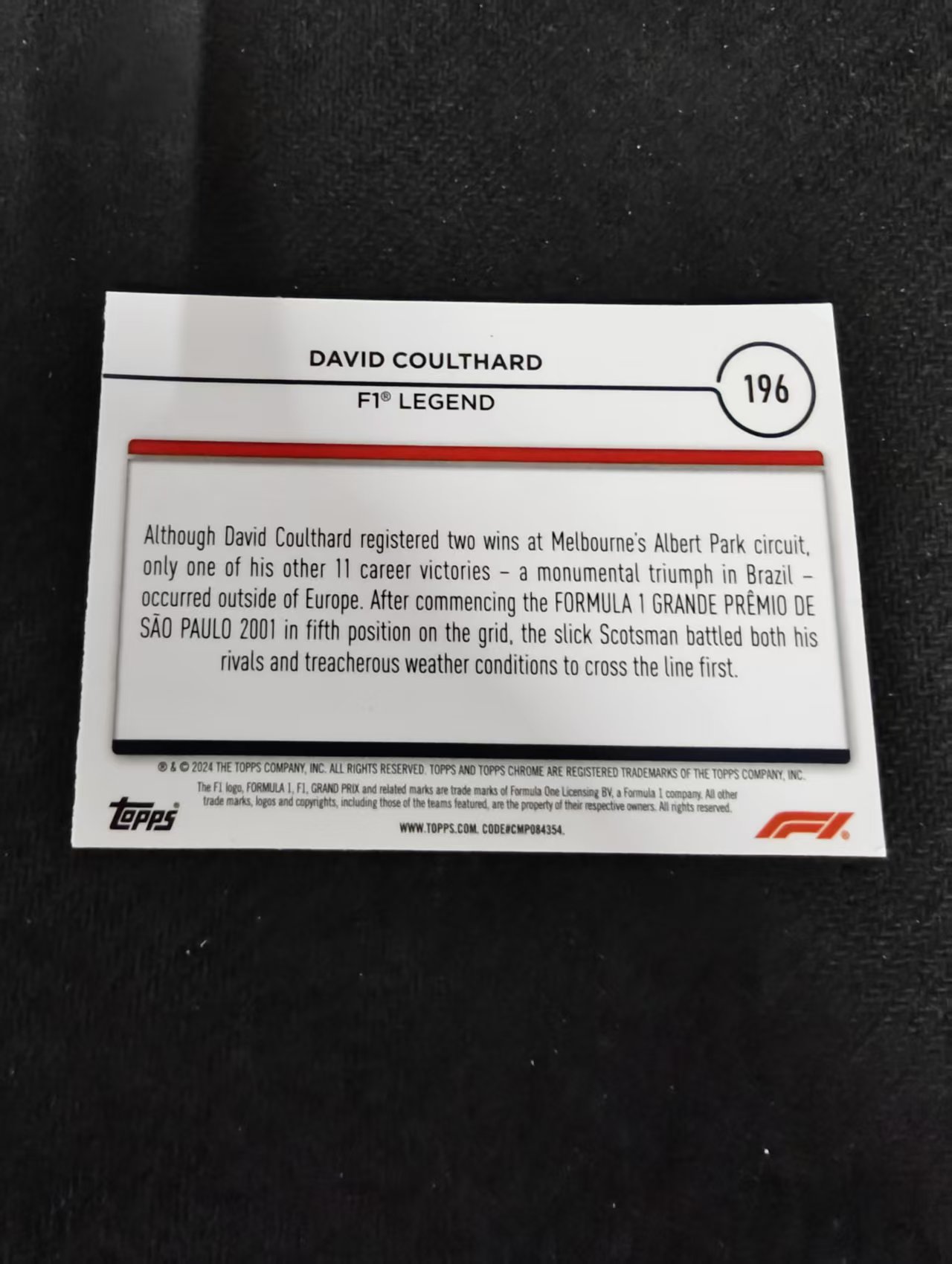 2024 Topps Chrome F1 David Coulthard 传奇车手 大卫 库特哈德 划痕 边角瑕疵 #196