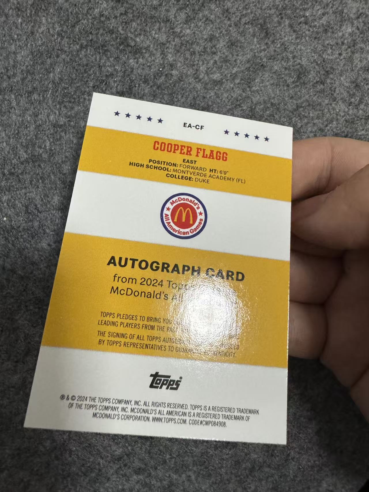 2024 Topps 麦当劳 Cooper Flagg 明日 麦当劳全明星 签字 卡签 独行侠队 状元 未来超巨 潜力新星