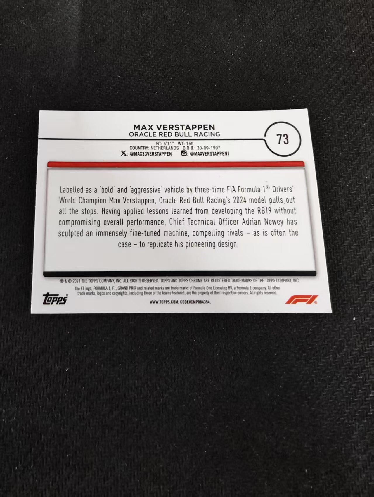 2024 Topps Chrome F1 Max Verstappen 维斯塔潘 红牛 划痕 边角瑕疵 #73