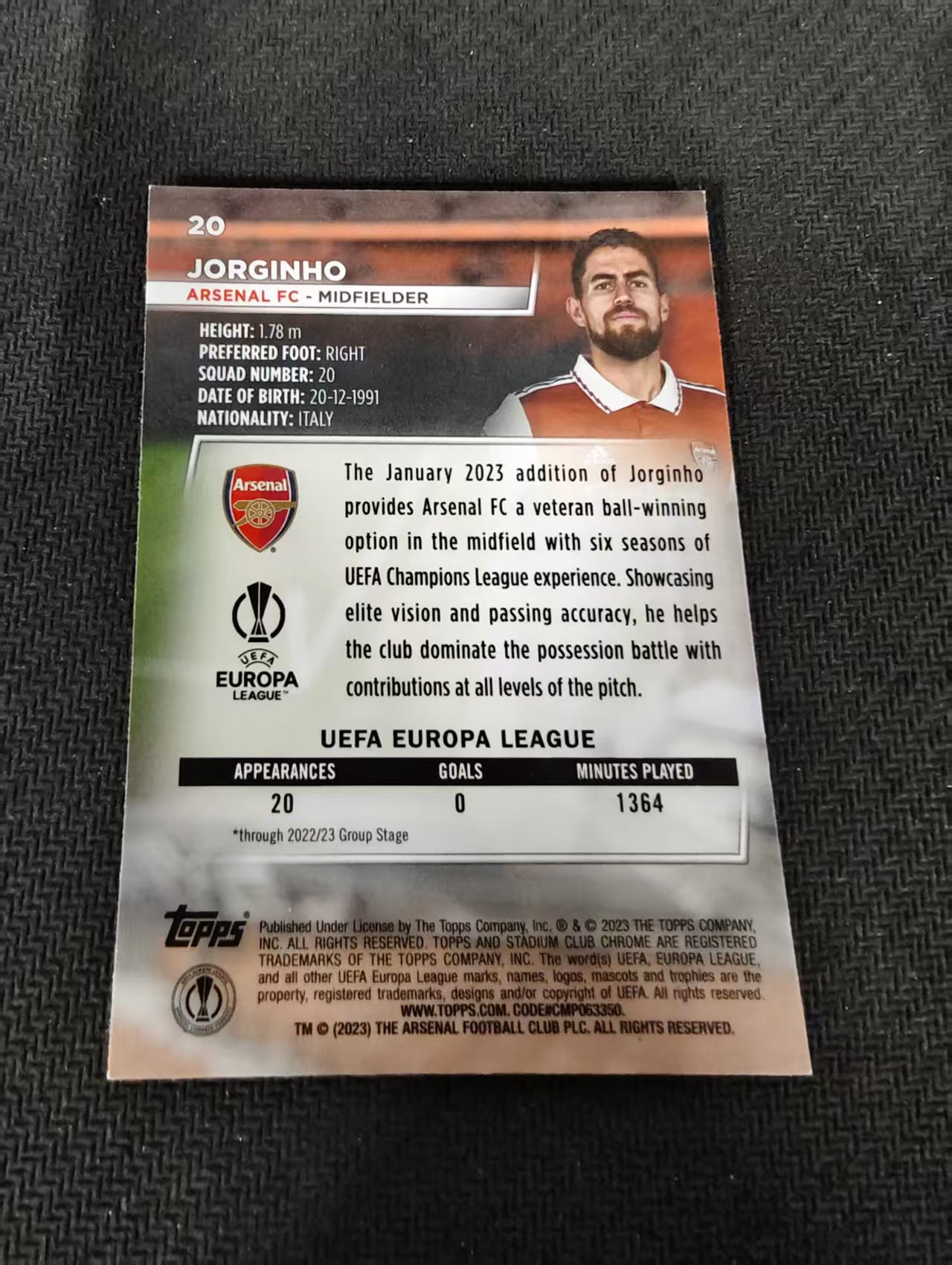 【可合并,不累计】2023 Topps Stadium Club Chrome jorginho 若日尼奥 阿森纳 欧冠 竞技场 不保卡品 介意勿拍 #20