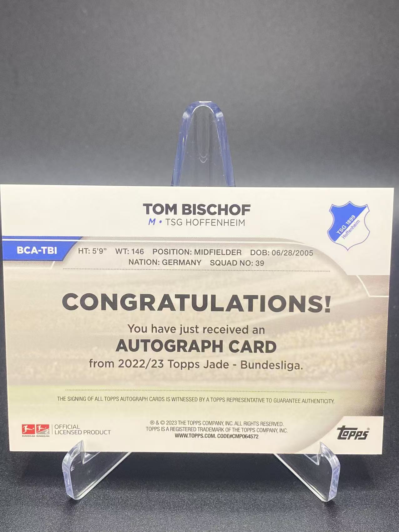 2023 【六六代卖 预付快速回款】 topps Tom Bischof 德甲 碧玉 比朔夫 新秀 RC 签字 碧玉折 折射 霍芬海姆(查理02)
