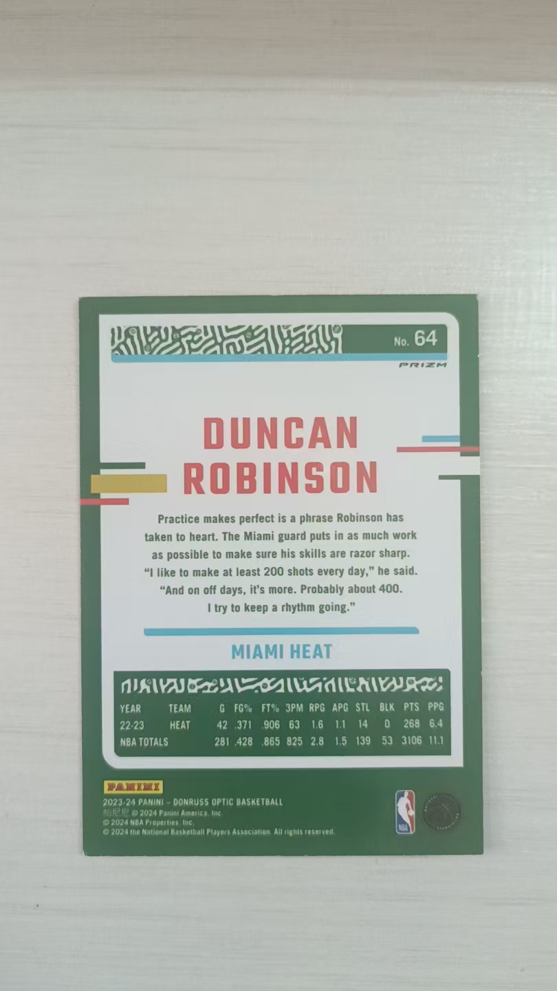 2023-24 Panini Donruss Optic Duncan Robinson #64 热火 邓肯 罗宾逊 杜蕾斯 折射 活塞