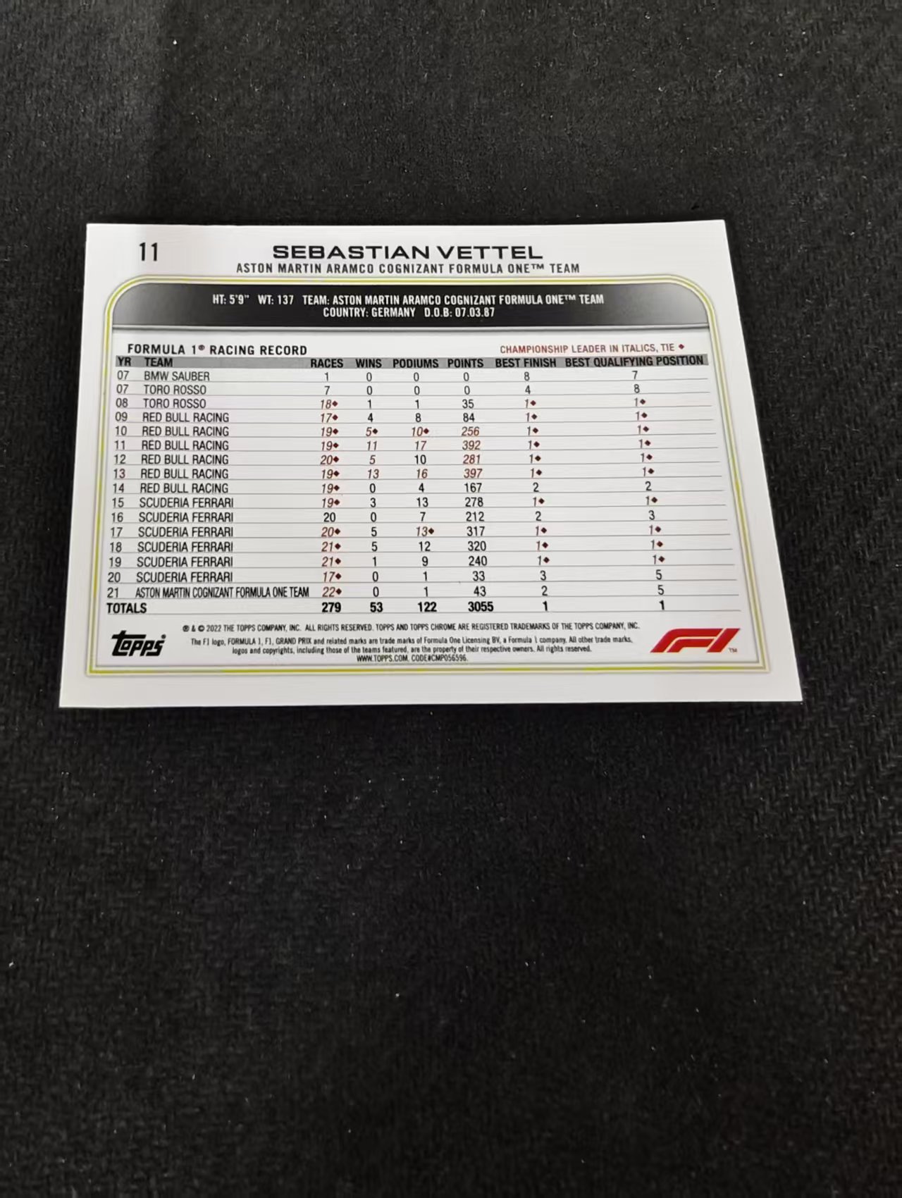 2022 Topps Chrome F1 Sebastian Vettel 阿斯顿马丁 赛巴斯蒂安 维泰尔 维特尔 划痕 边角瑕疵 #11