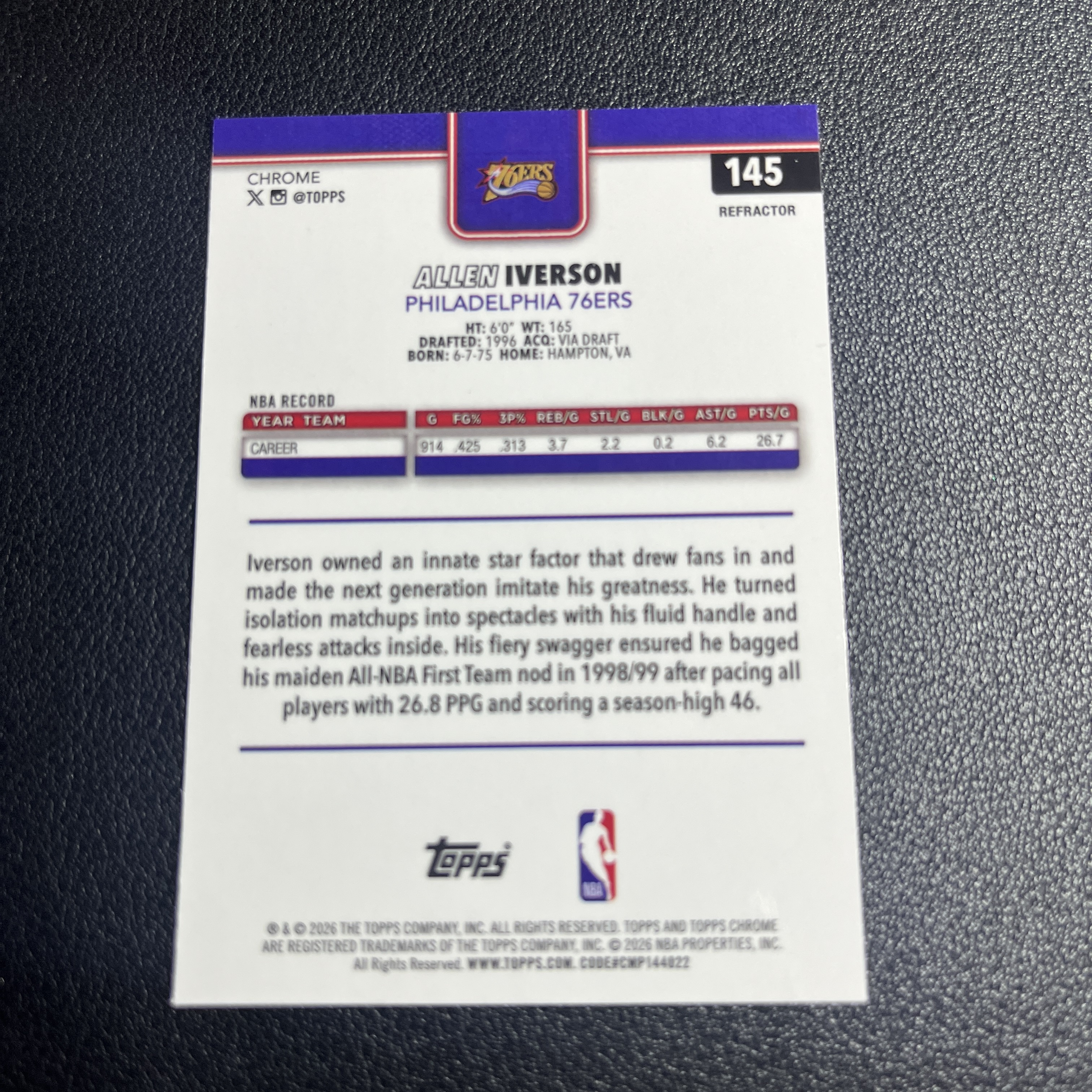 【伦子】2026 Topps Chrome Update 76人 Allen Iverson 艾弗森 答案 银折 TCU CASE11