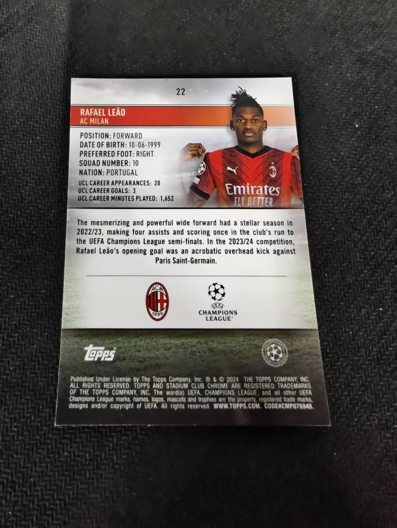 【可合并,不累计】2024 Topps Stadium Club Chrome Rafael Leao AC米兰 葡萄牙 莱奥 竞技场 欧冠 划痕 边角瑕疵 #22