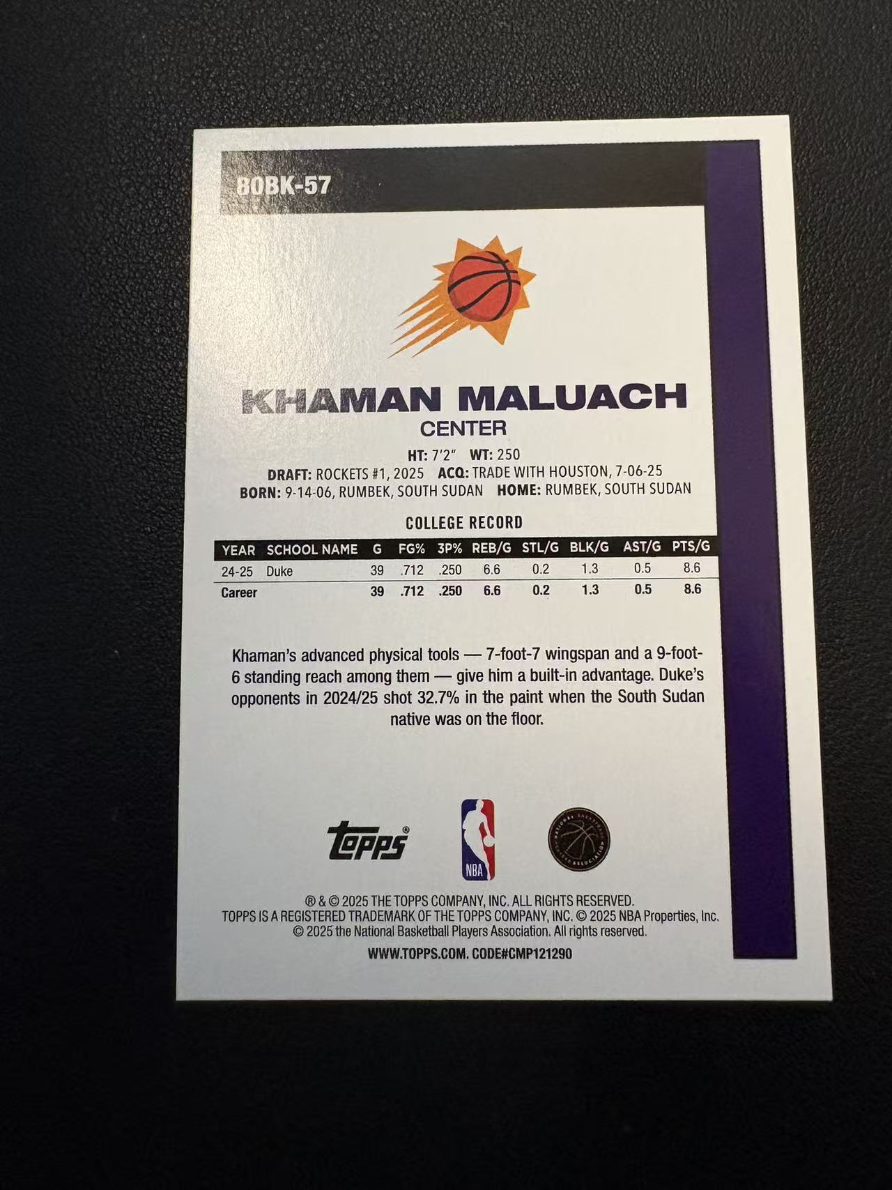 2025 Topps Flagship Khaman Maluach RC 马鲁阿奇 新秀 45周年 复古 微瑕 卡品如图 专收必备 N2